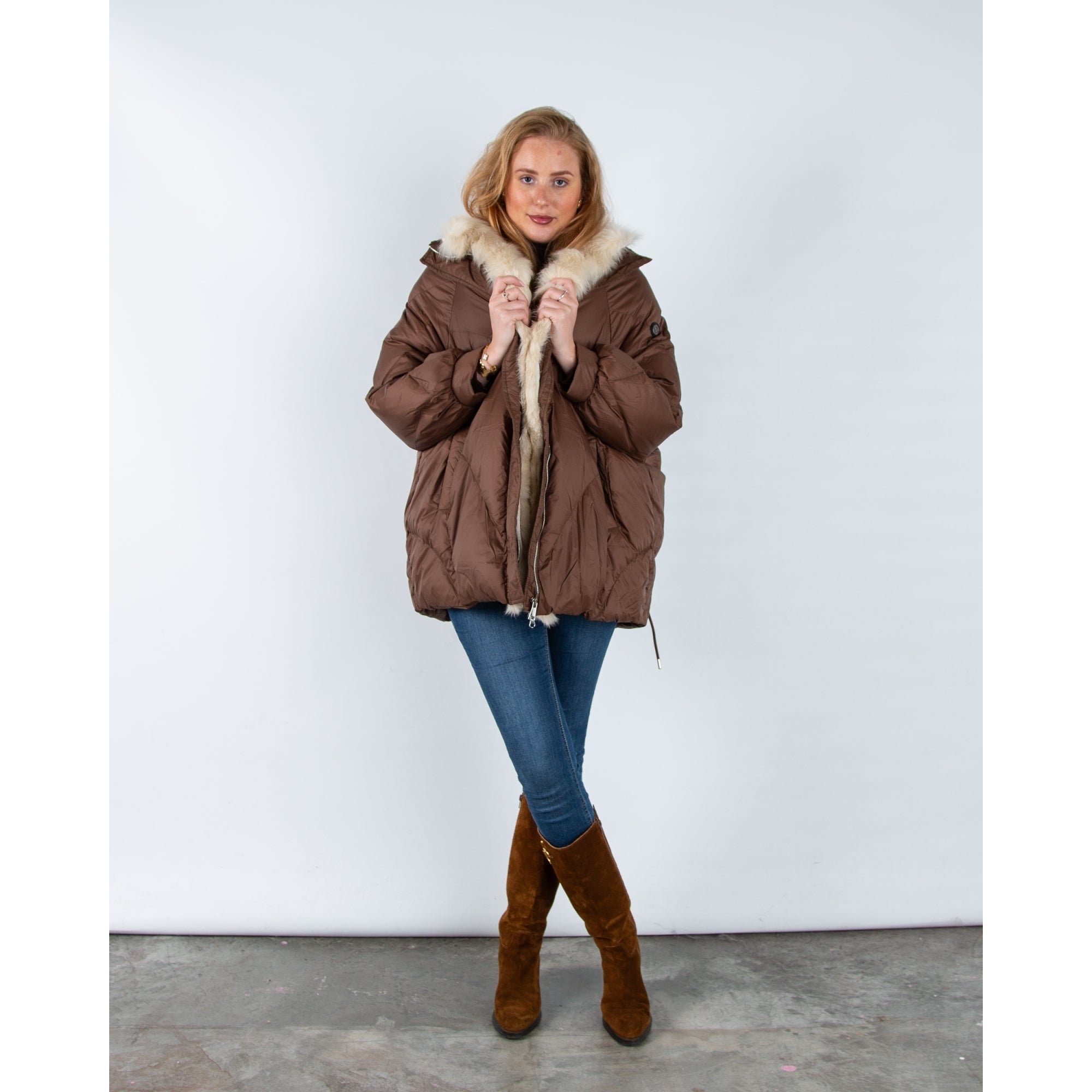 Levinsky Fur Trim Oversized Puffa Coat With Drawstring Back Latte