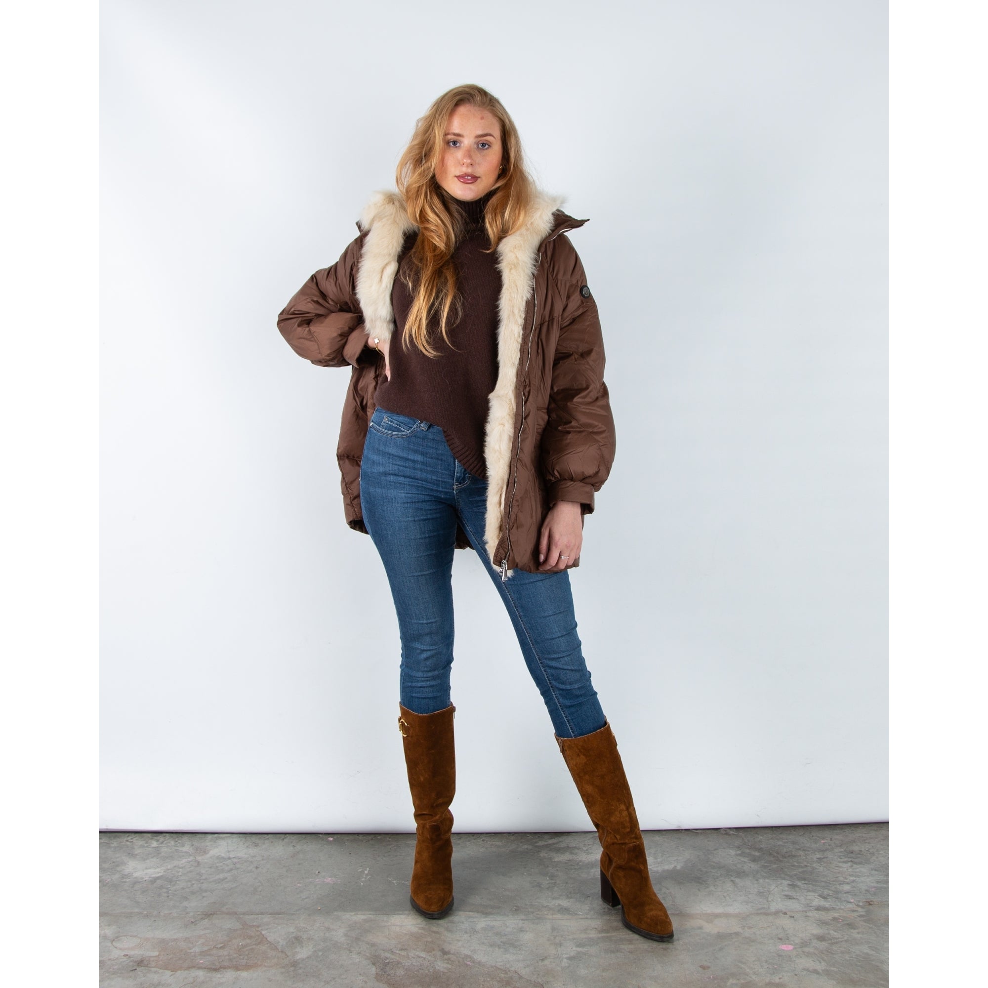 Levinsky Fur Trim Oversized Puffa Coat With Drawstring Back Latte