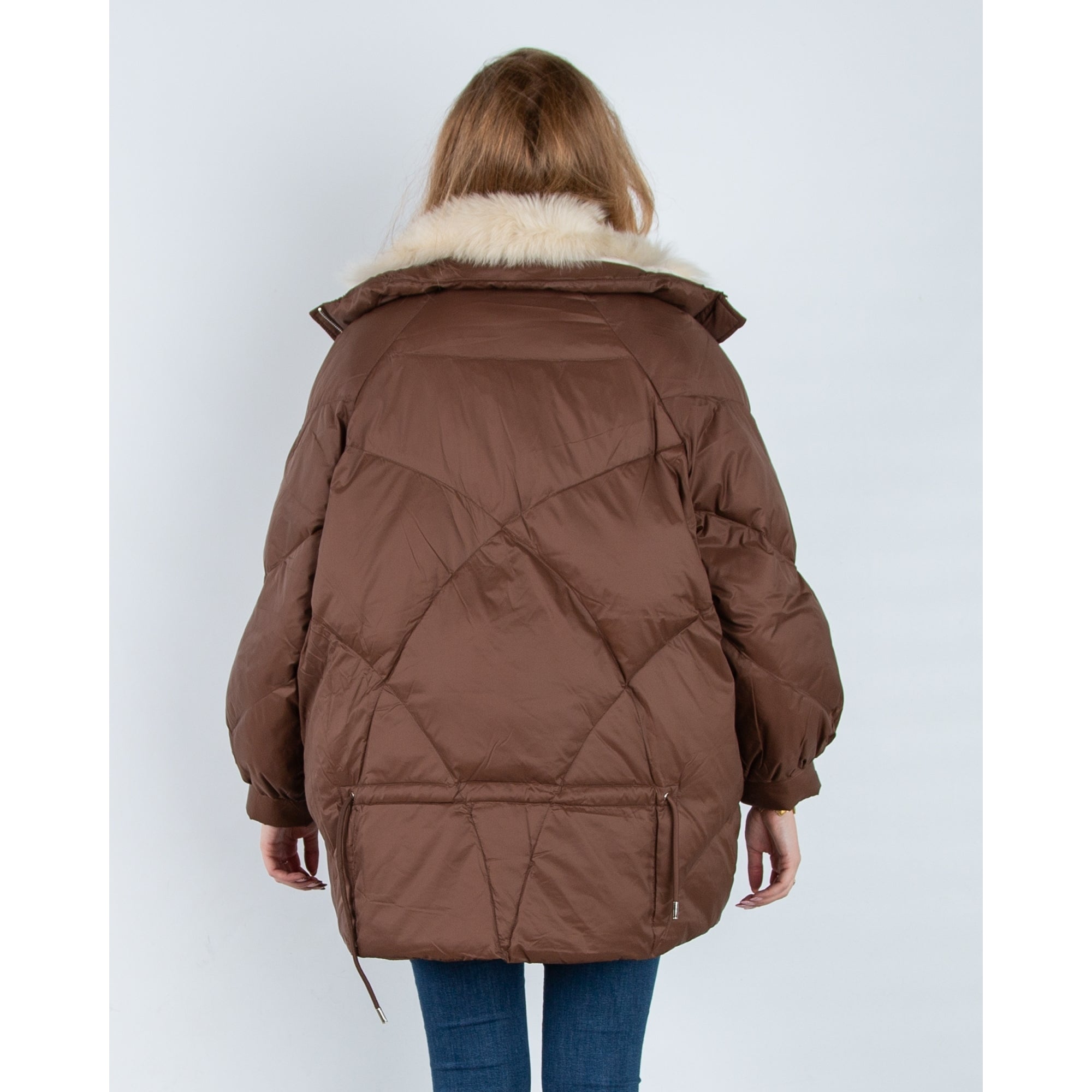 Levinsky Fur Trim Oversized Puffa Coat With Drawstring Back Latte