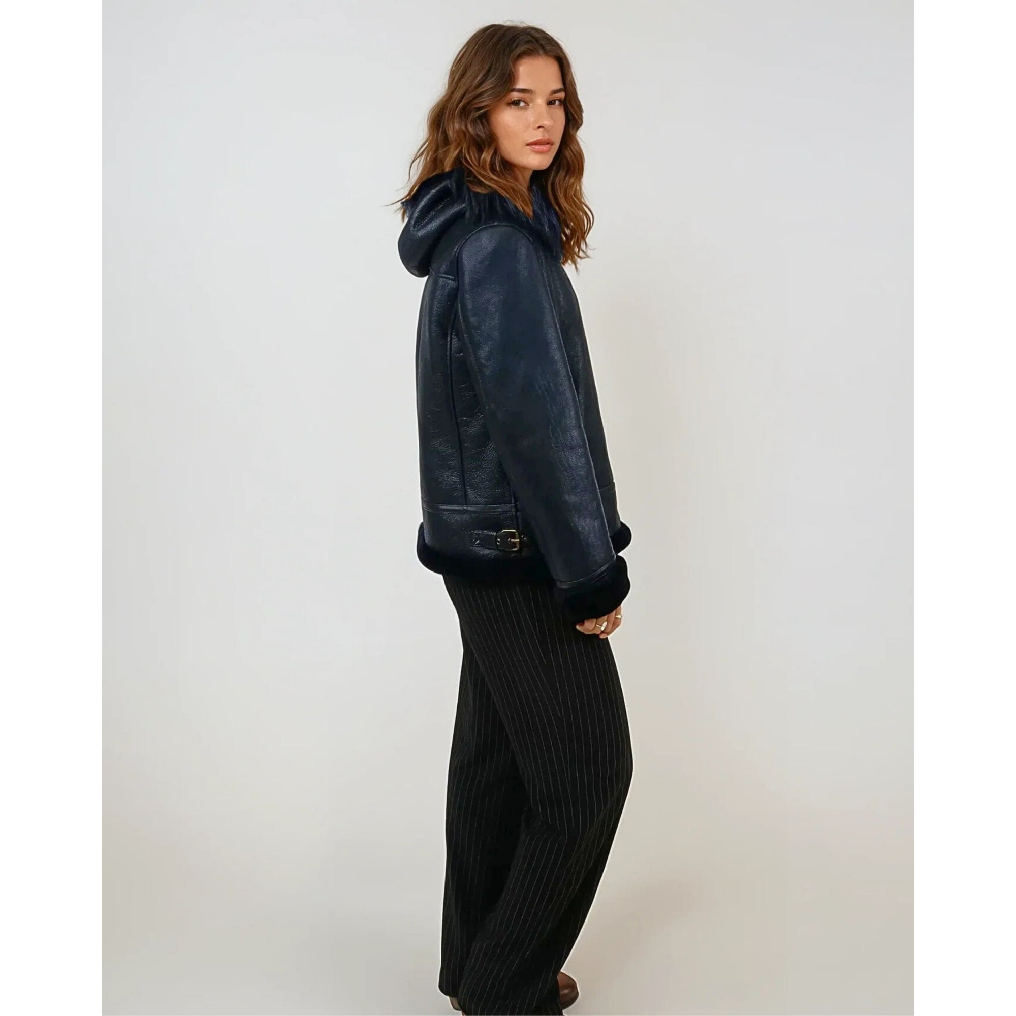 Levinsky Adine Shearling Jacket With Detachable Fur Hood Navy