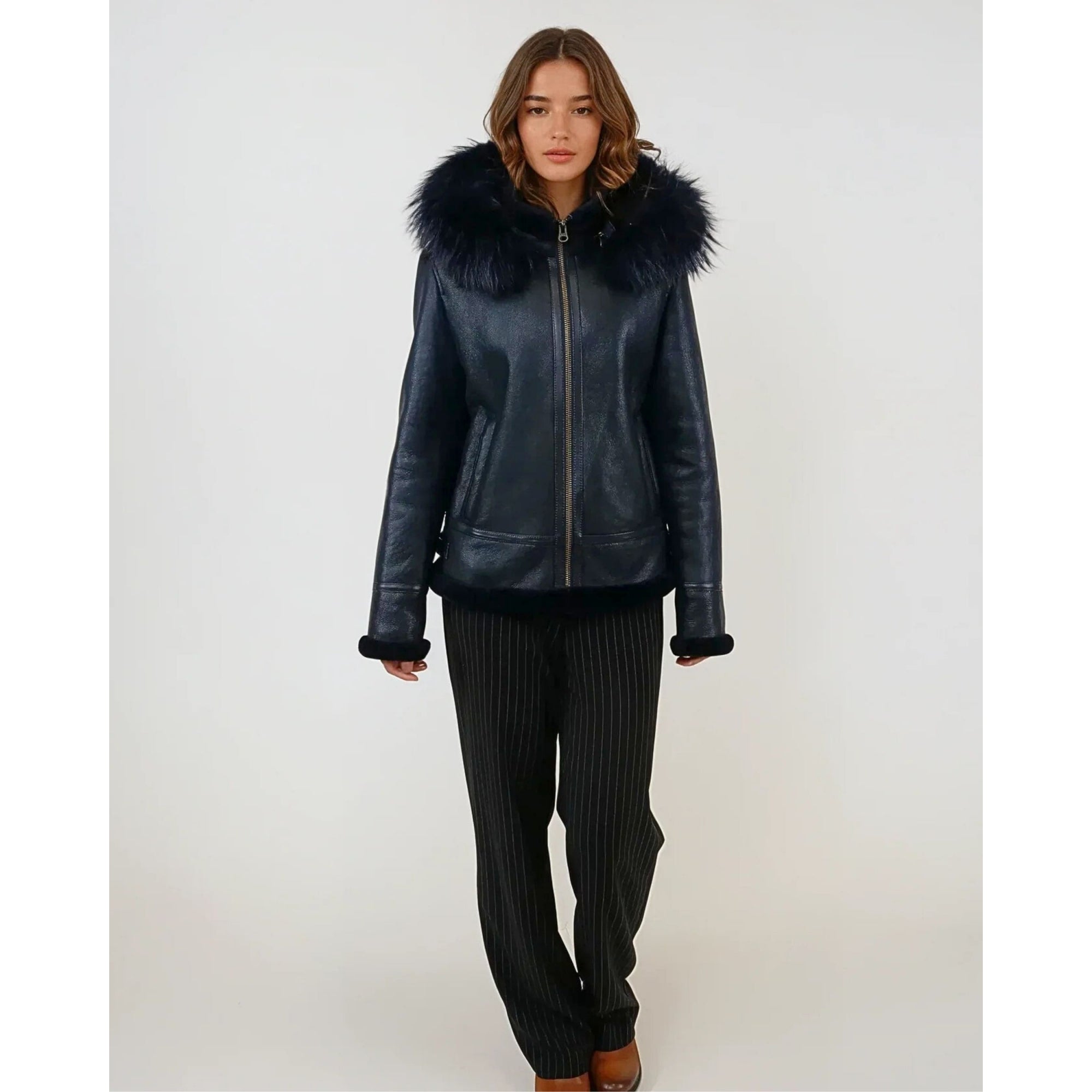 Levinsky Adine Shearling Jacket With Detachable Fur Hood Navy