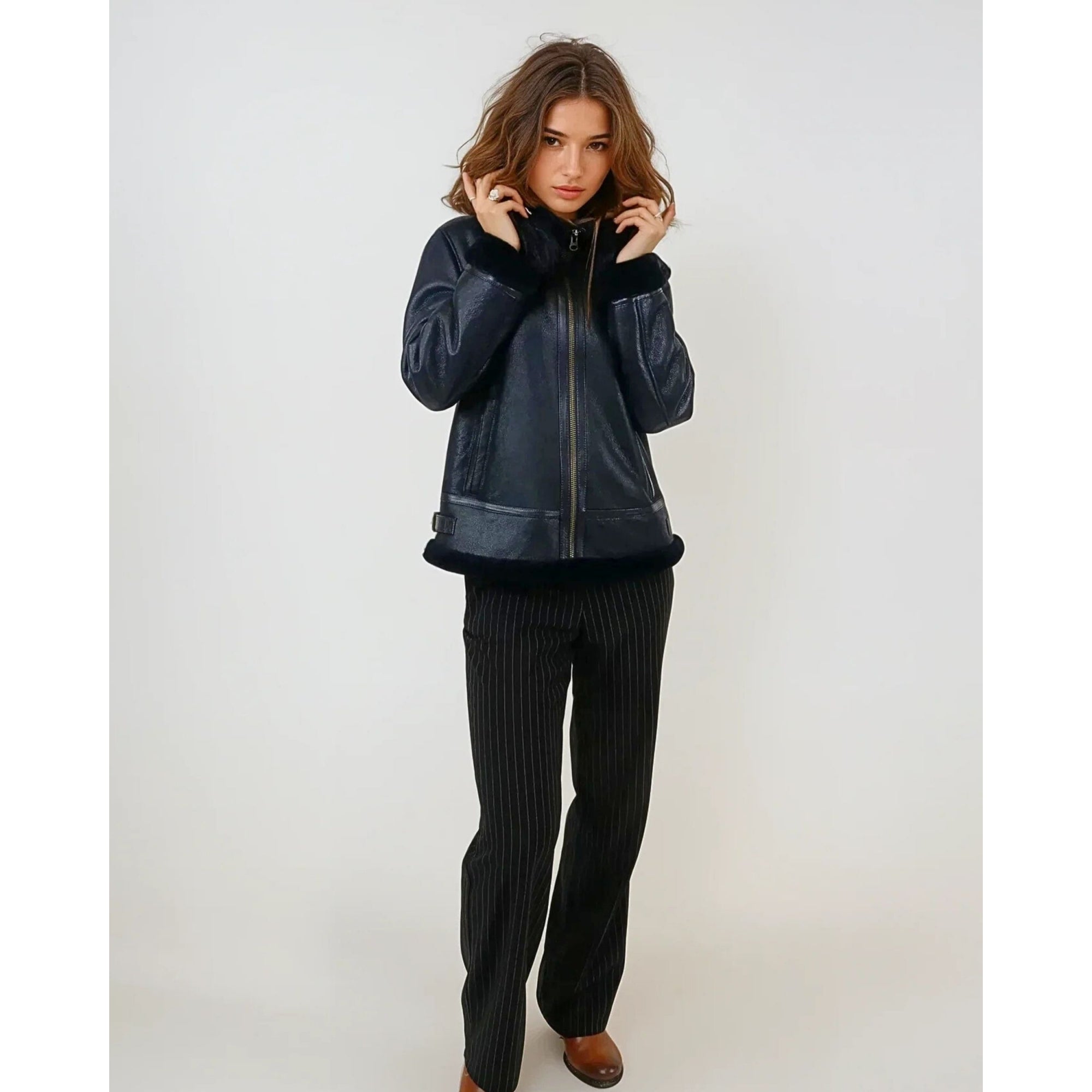 Levinsky Adine Shearling Jacket With Detachable Fur Hood Navy