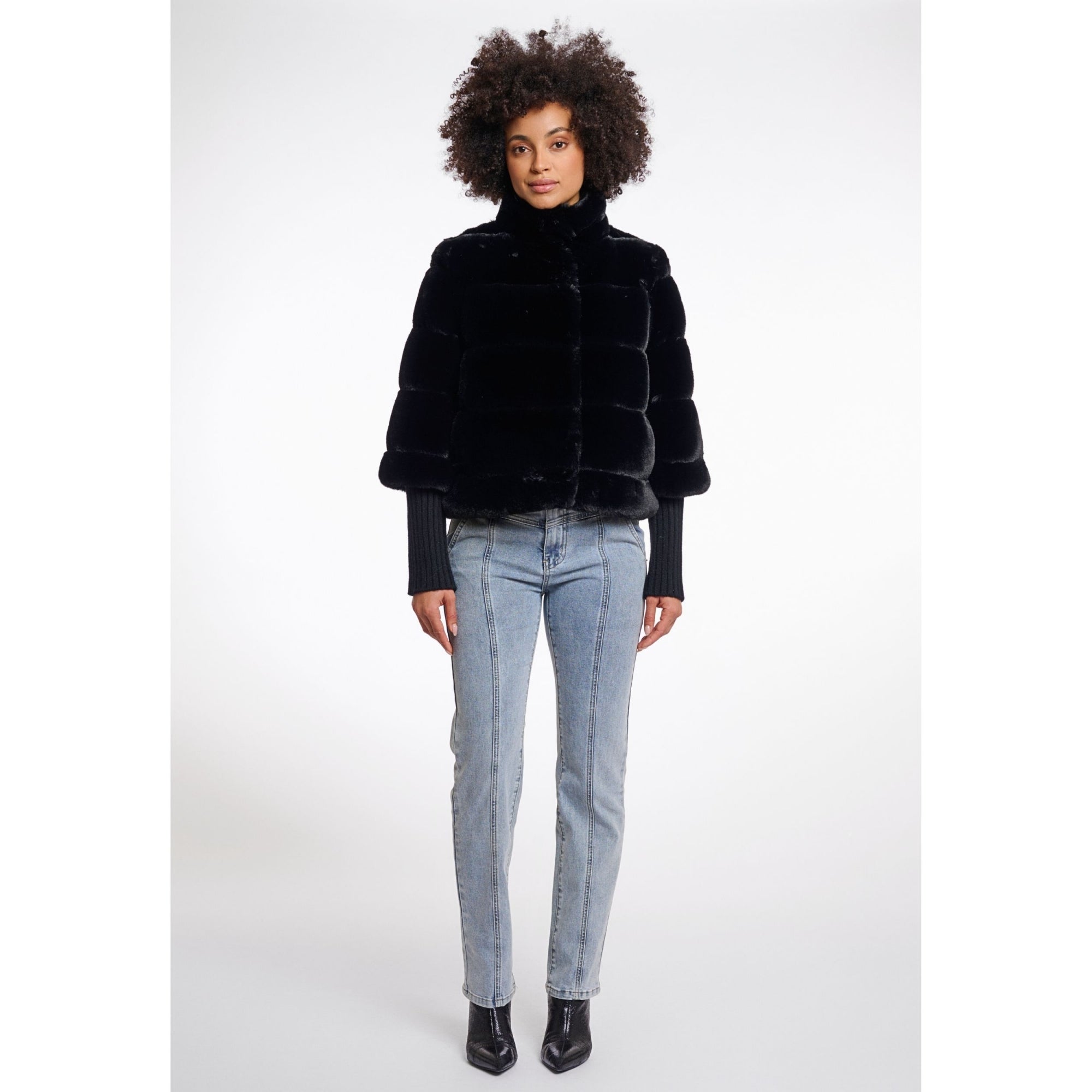Rino & Pelle Feline Panel Faux Fur Jacket With Knit Sleeve Black