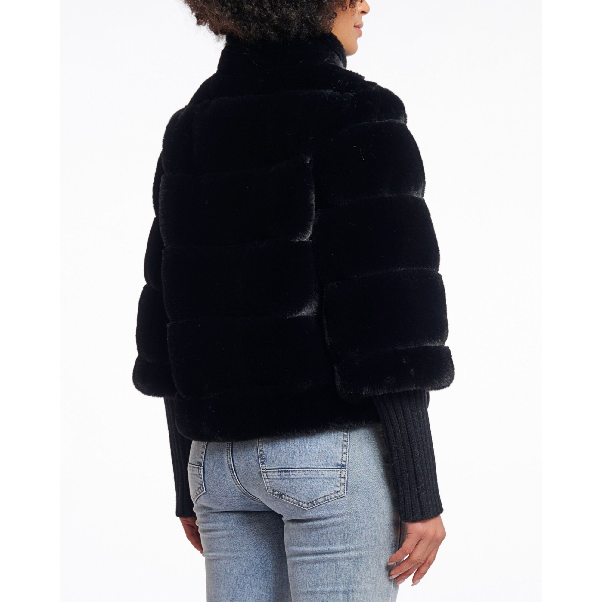 Rino & Pelle Feline Panel Faux Fur Jacket With Knit Sleeve Black