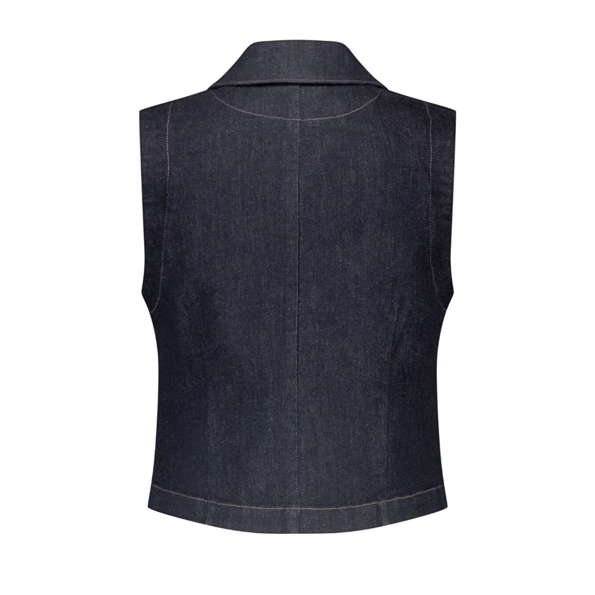 Red Button Denim Waistcoat With Collar And Lapel Dark Denim