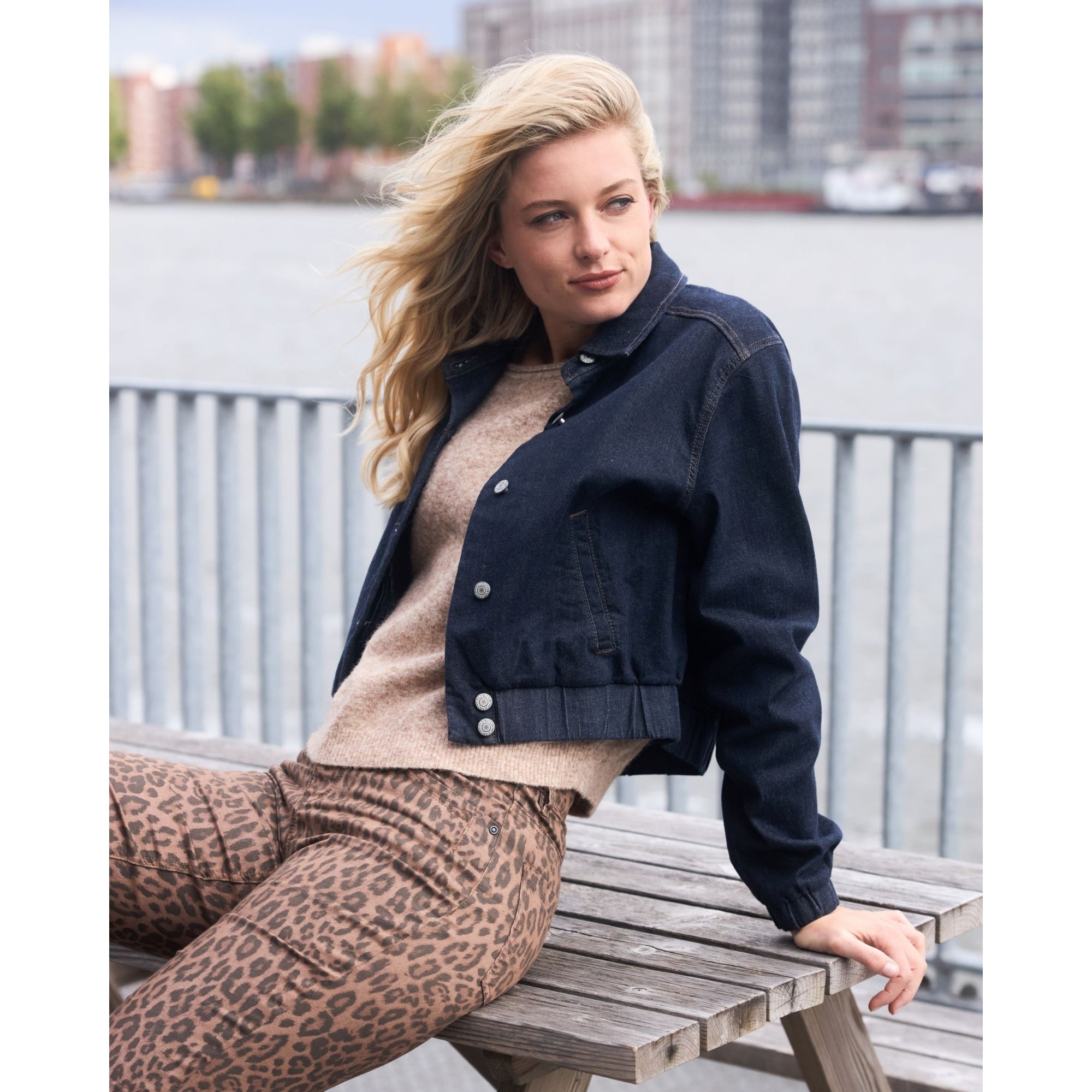 Red Button Bomber Style Denim Jacket Dark Denim