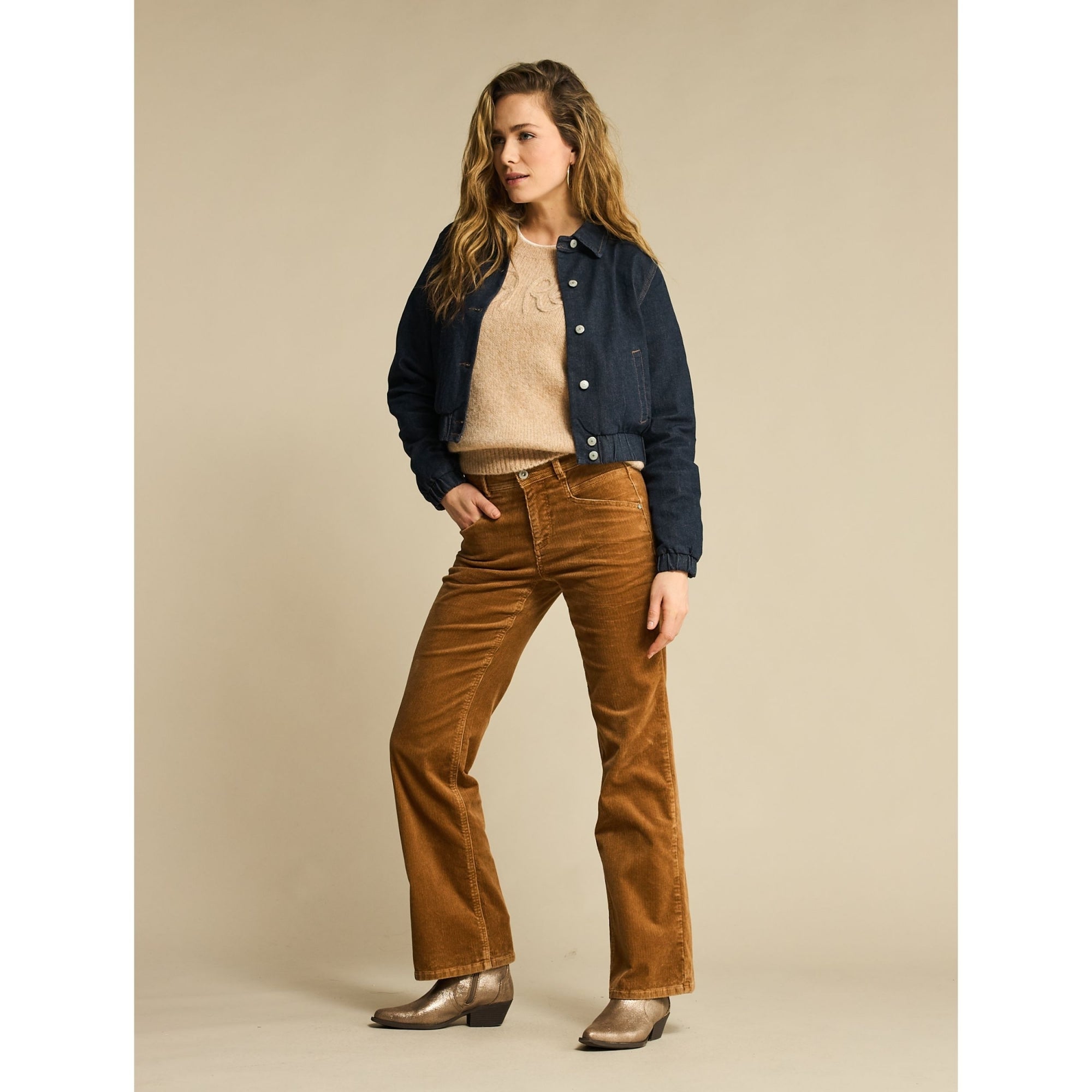 Red Button Bomber Style Denim Jacket Dark Denim