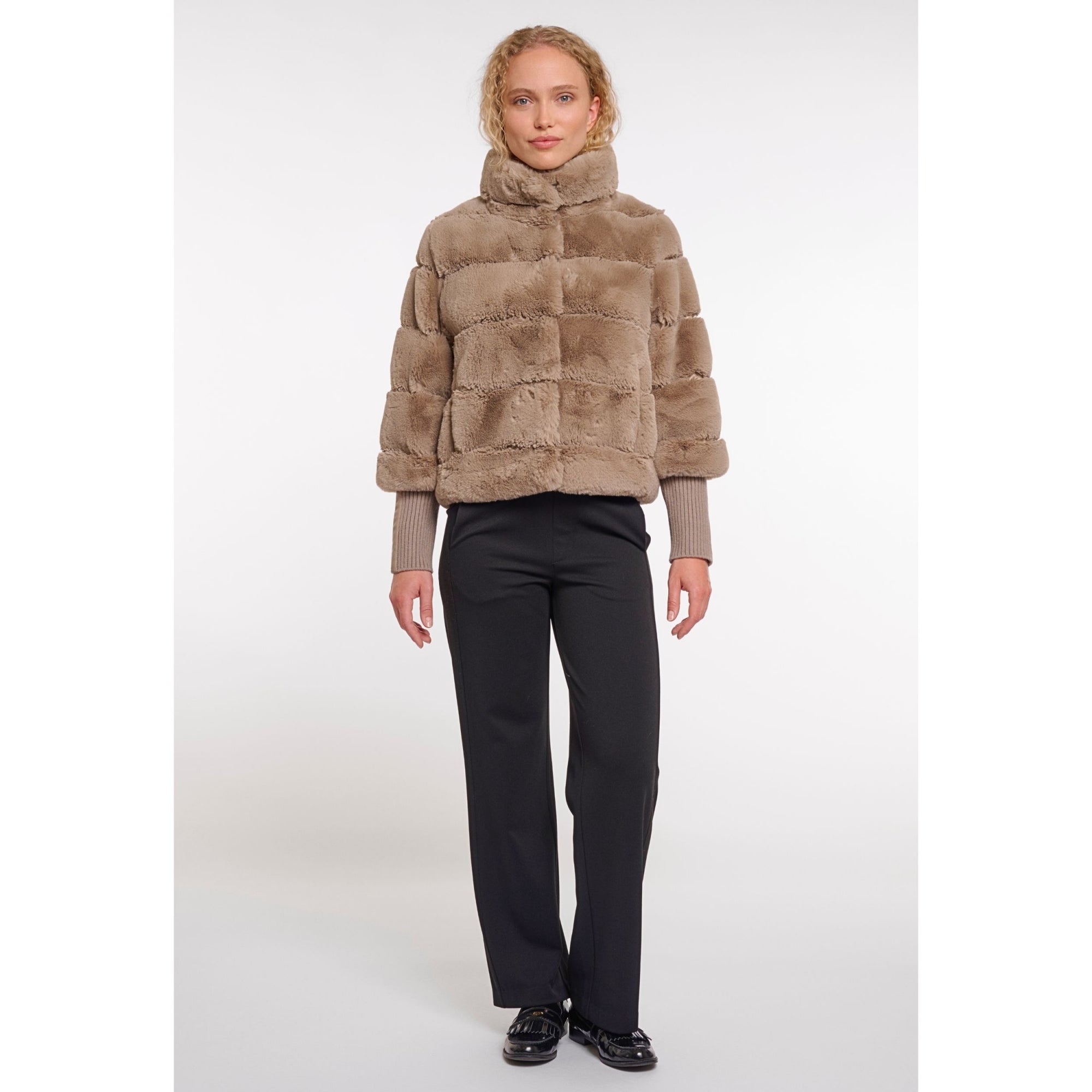 Rino & Pelle Feline Panel Faux Fur Jacket With Knit Sleeve Toffee