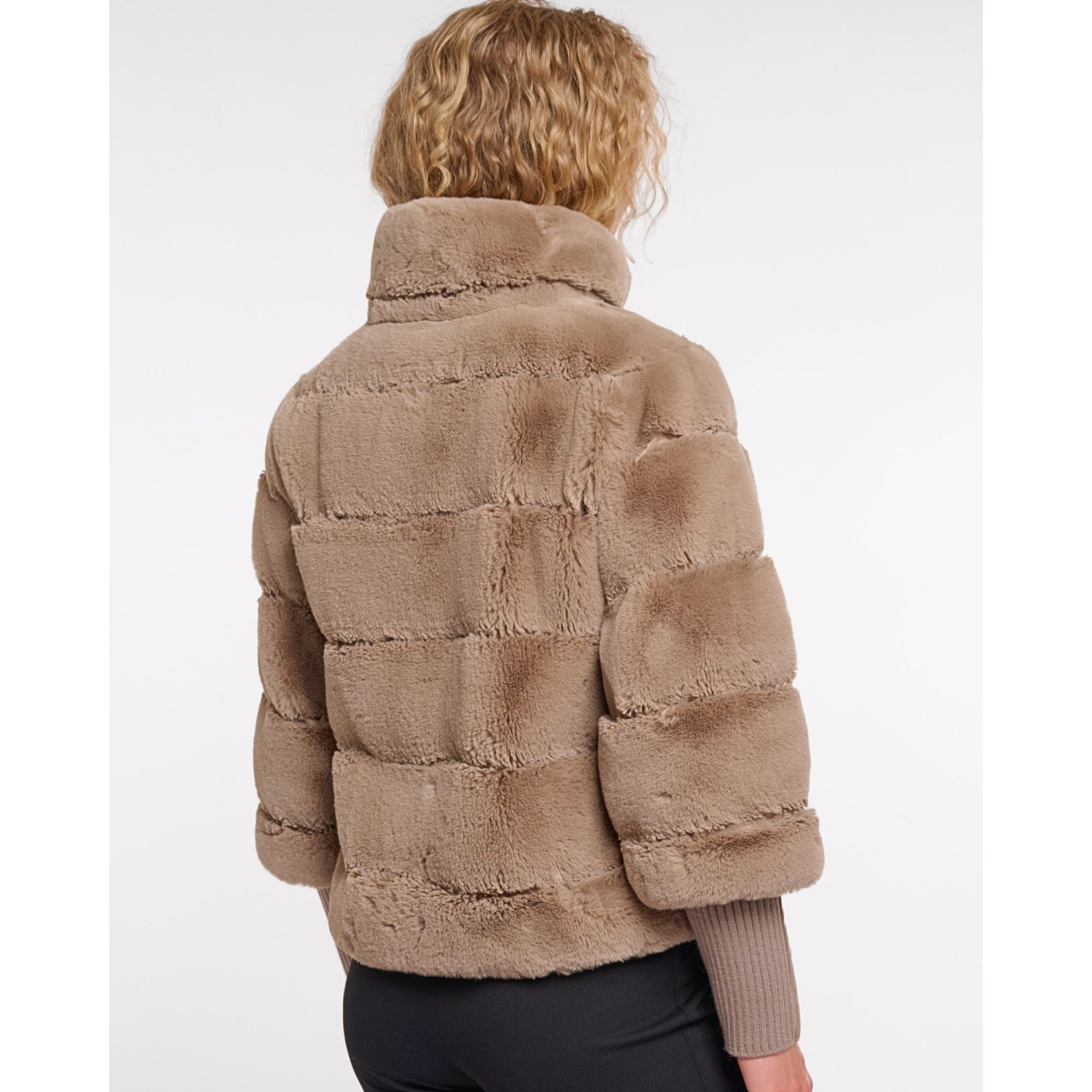 Rino & Pelle Feline Panel Faux Fur Jacket With Knit Sleeve Toffee