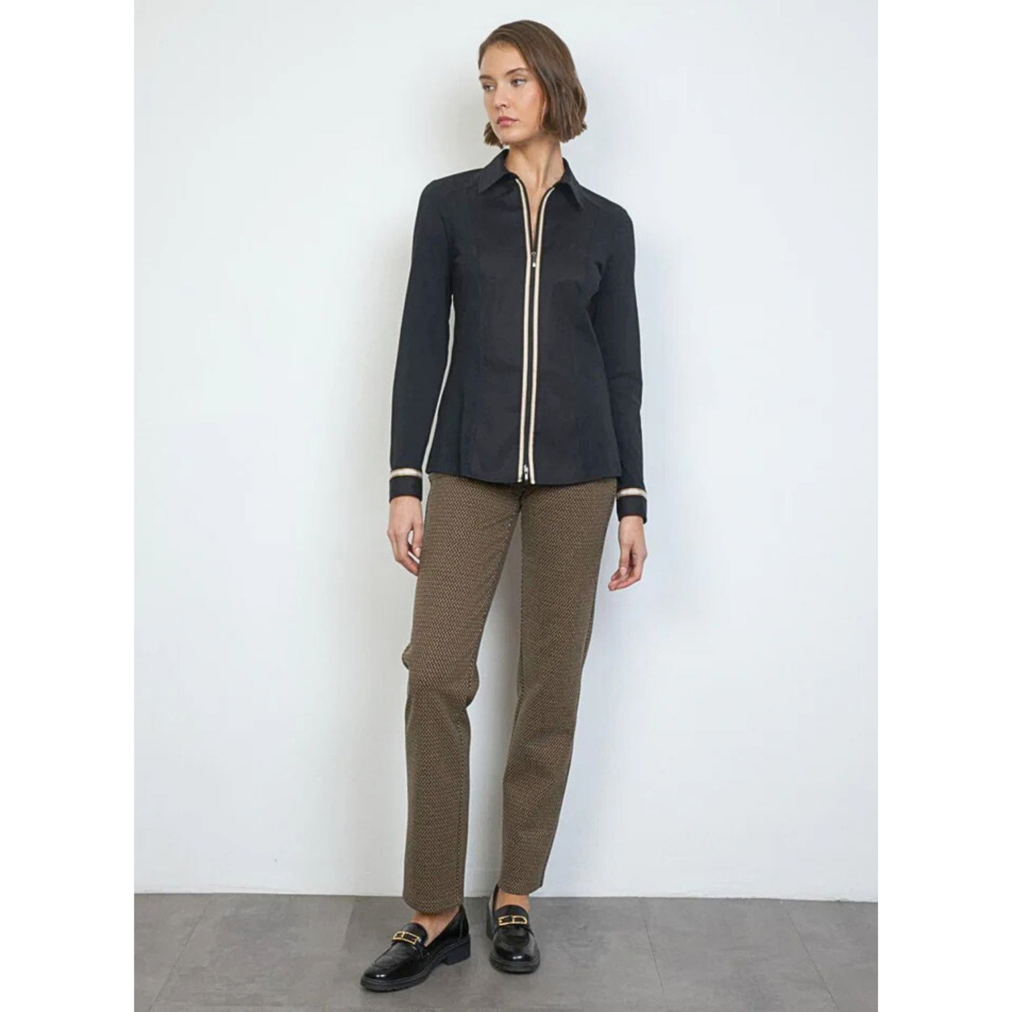 Tinta Style Ecos Zip Fitted Cotton Stretch Shirt With Ribbon Black