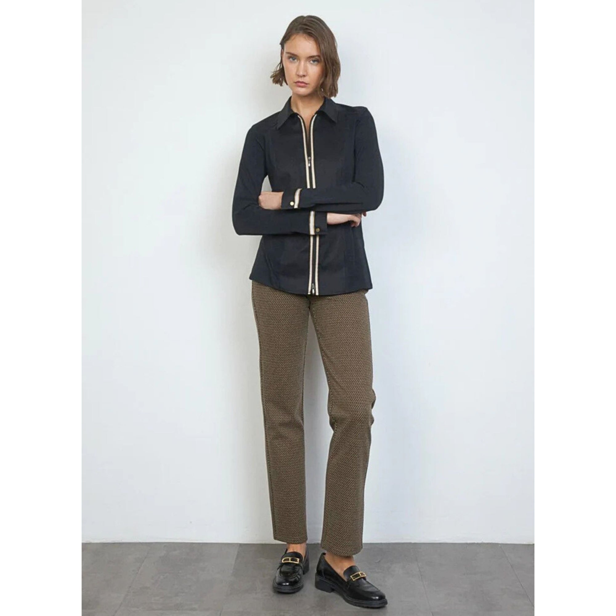 Tinta Style Ecos Zip Fitted Cotton Stretch Shirt With Ribbon Black