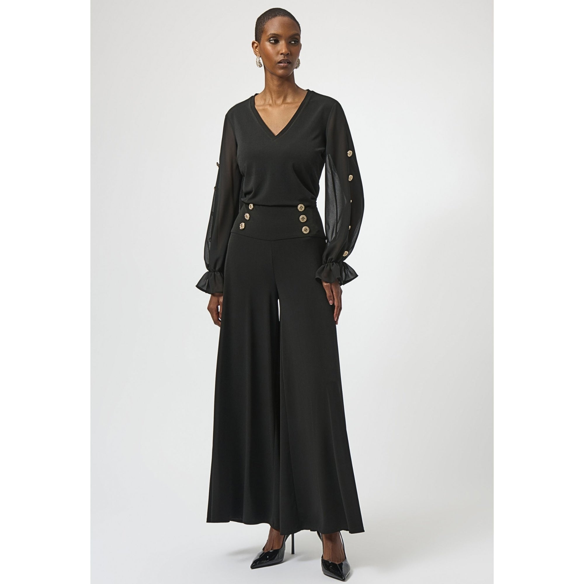 Joseph Ribkoff V Neck Jersey Top With Chiffon Button Sleeves Black