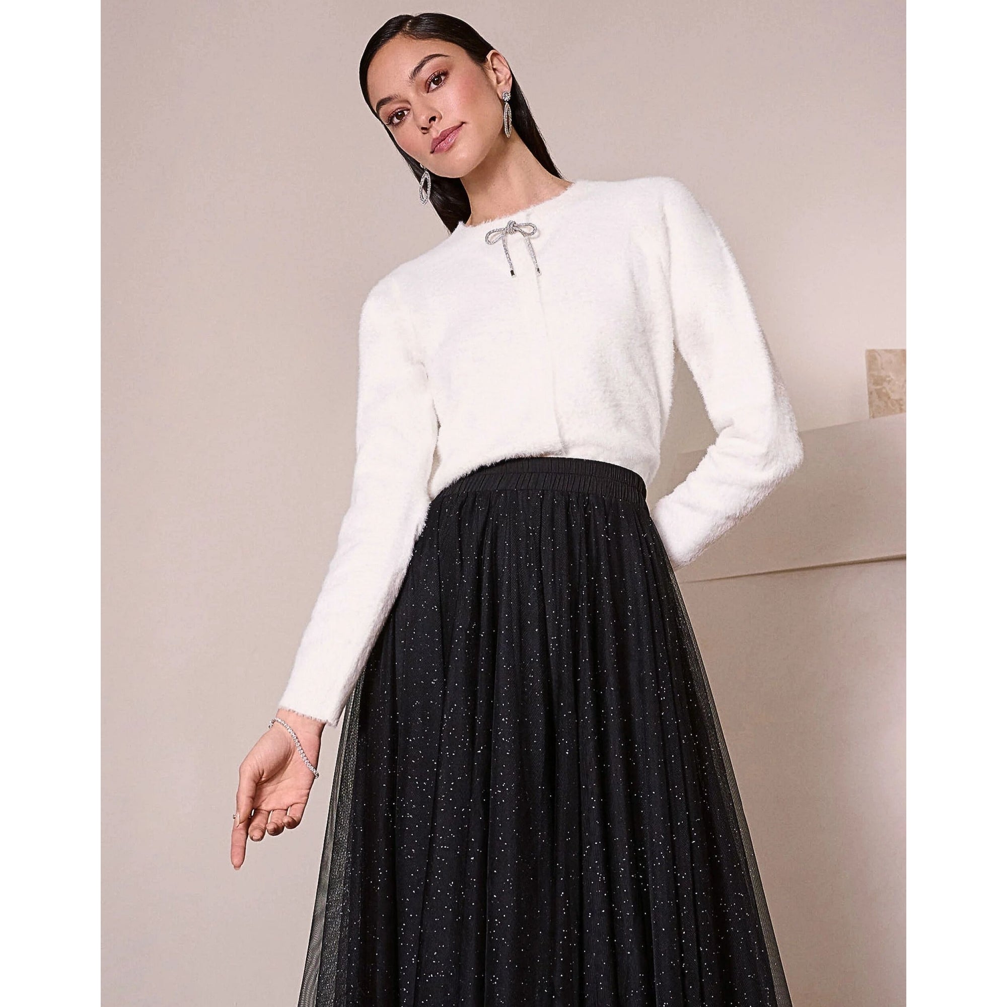 Joseph Ribkoff Crew Neck Soft Knit Cardigan With Bow Winter White