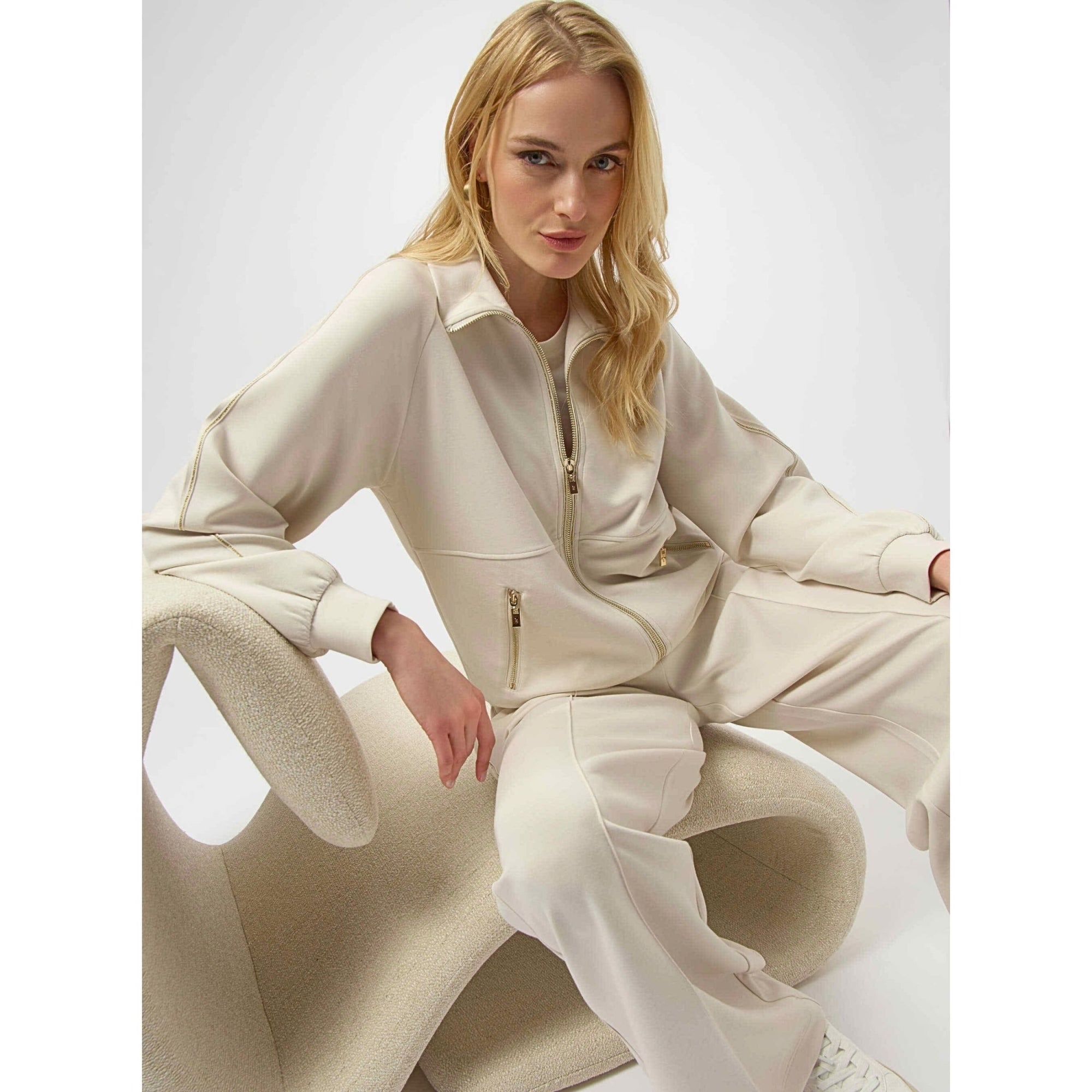 Joseph Ribkoff Scuba Jersey Funnel Neck Jacket With Lurex Trim Cream