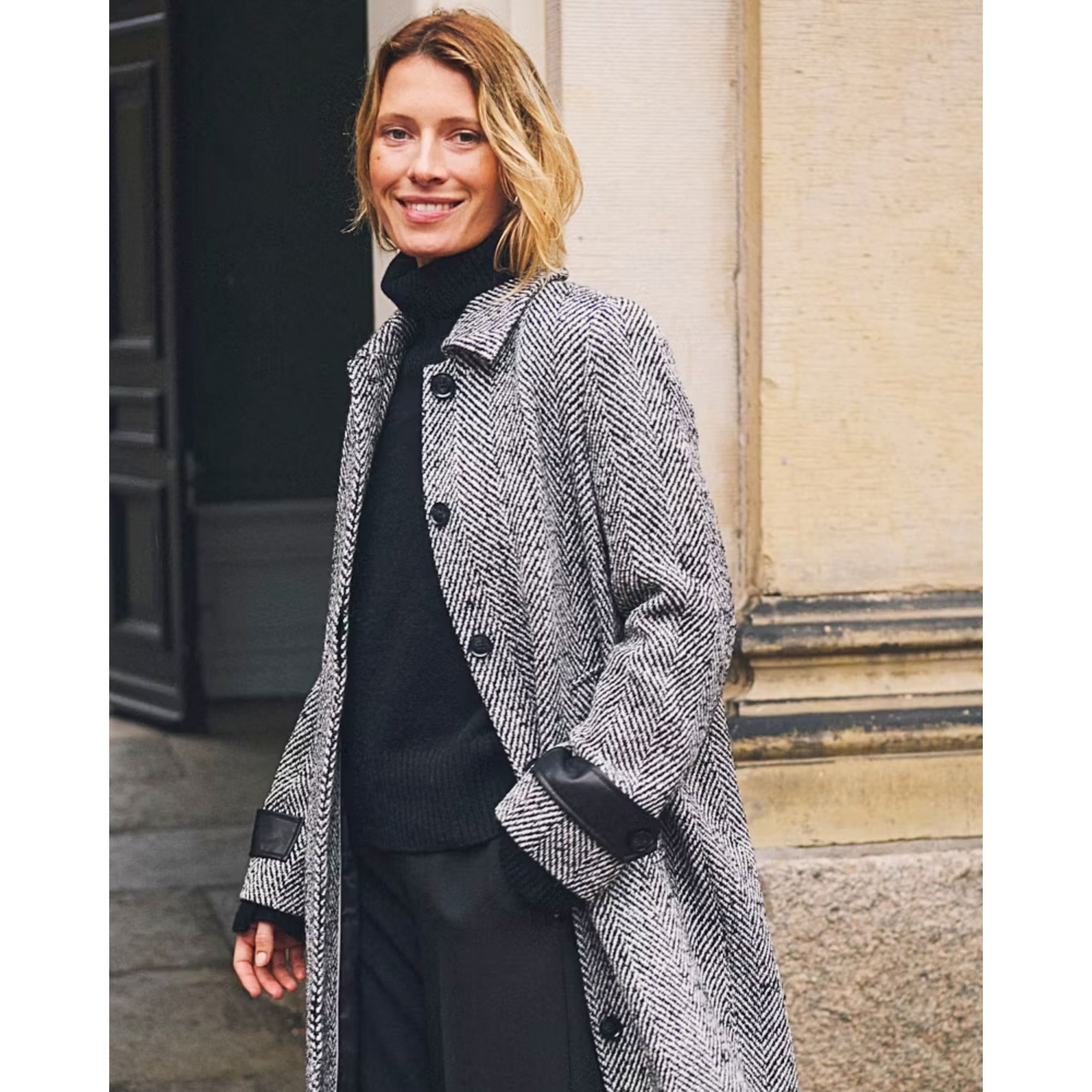 Part Two Sybille Herringbone Coat With Leather Trim Cuffs Black & White