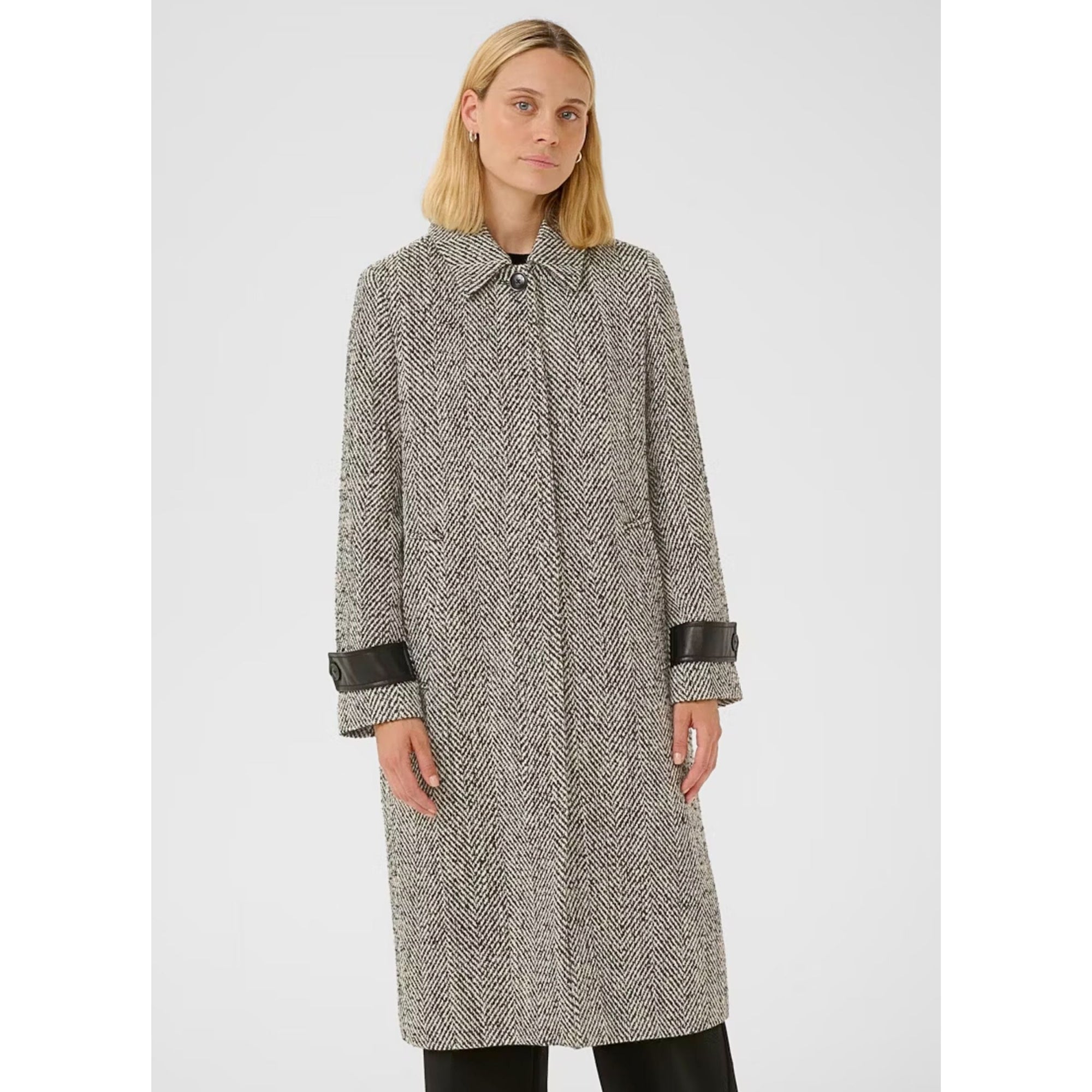 Part Two Sybille Herringbone Coat With Leather Trim Cuffs Black & White