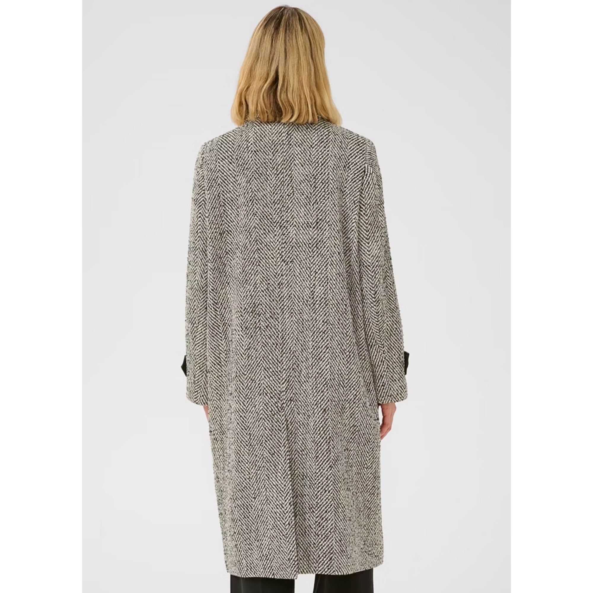 Part Two Sybille Herringbone Coat With Leather Trim Cuffs Black & White