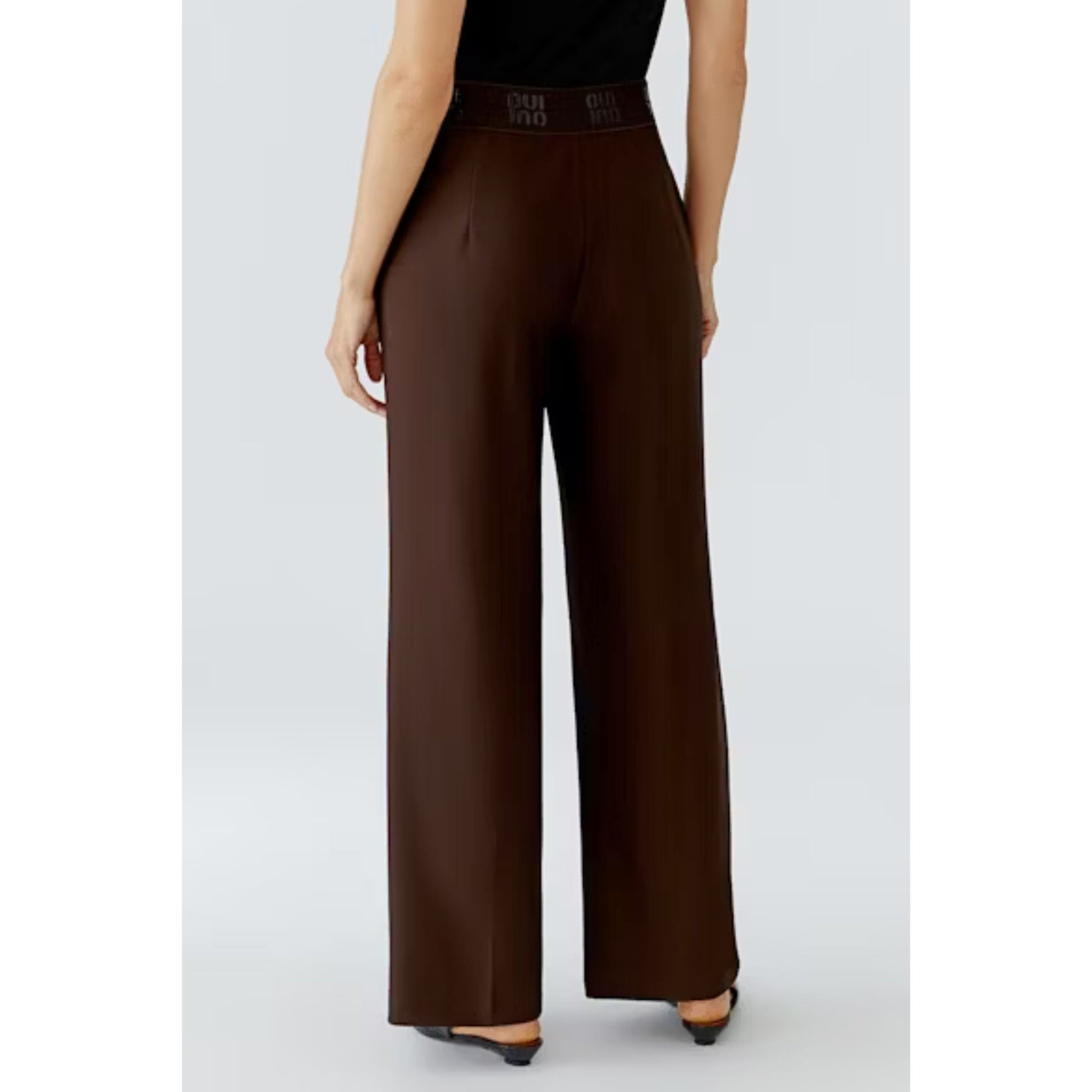 Oui Wide Leg Trouser With Oui Elastic Waistband Chocolate