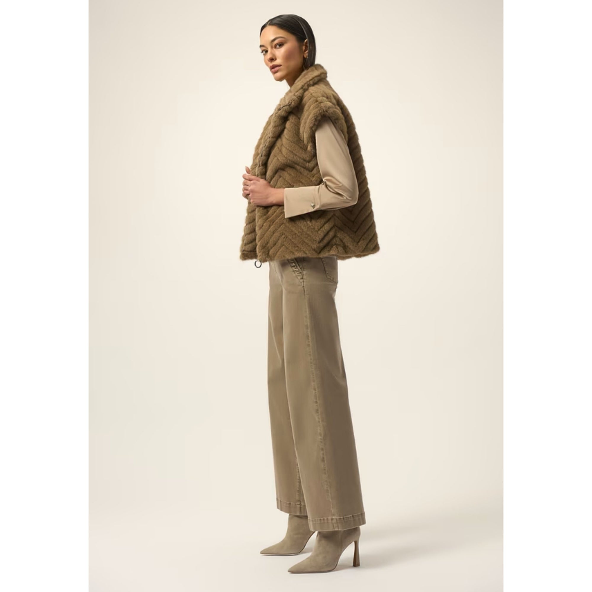 Joseph Ribkoff Mock Neck Faux Fur Ribbed Gilet Taupe
