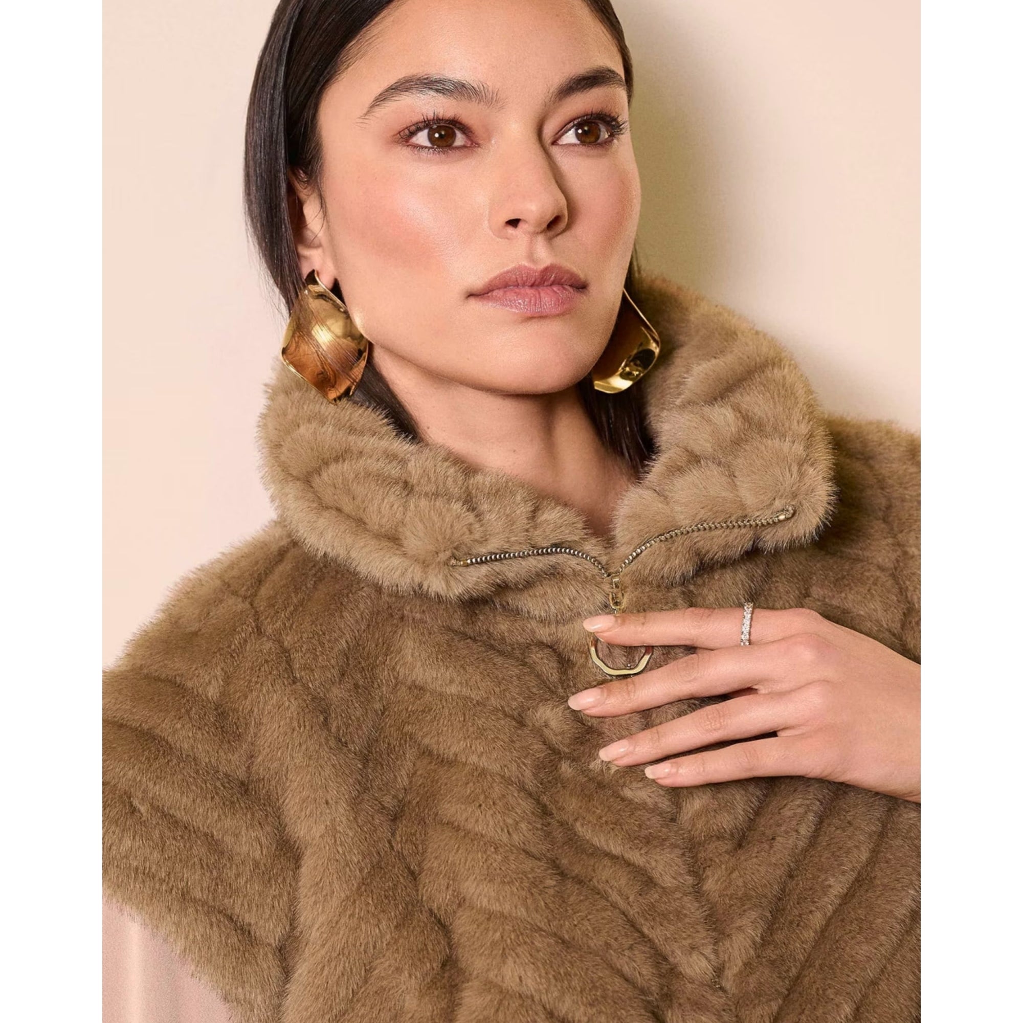 Joseph Ribkoff Mock Neck Faux Fur Ribbed Gilet Taupe