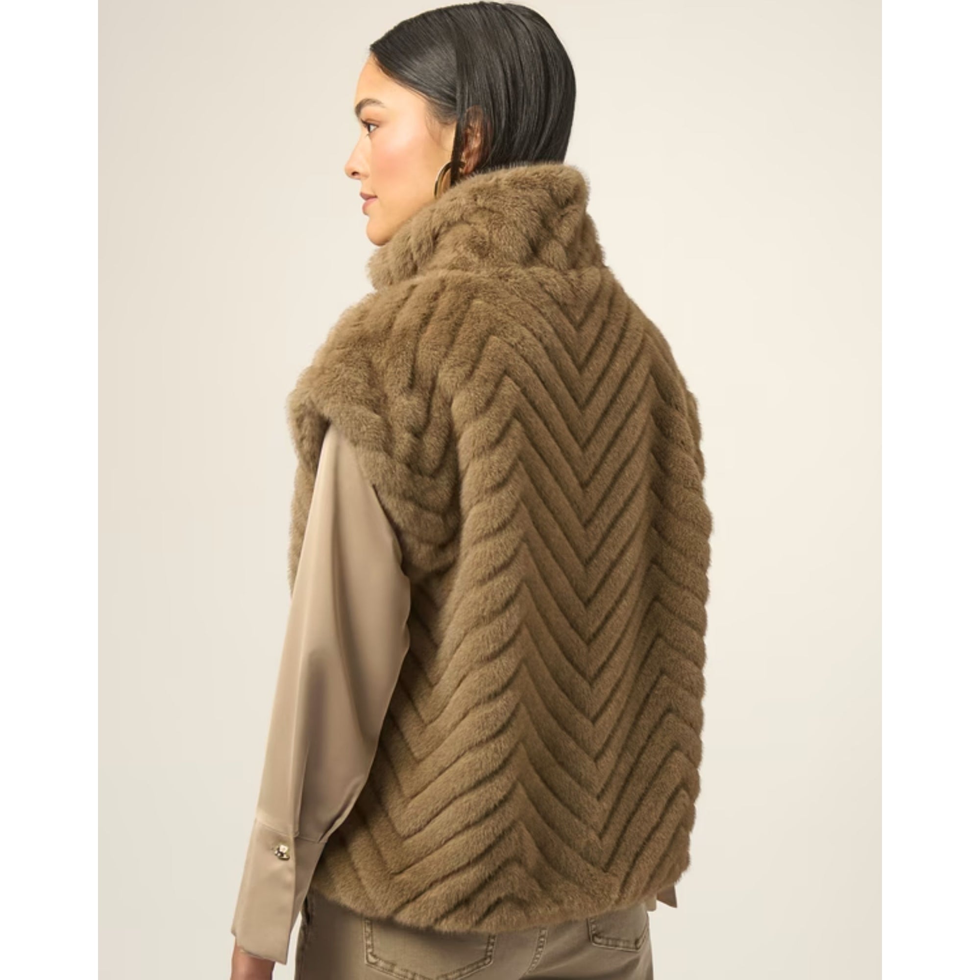 Joseph Ribkoff Mock Neck Faux Fur Ribbed Gilet Taupe