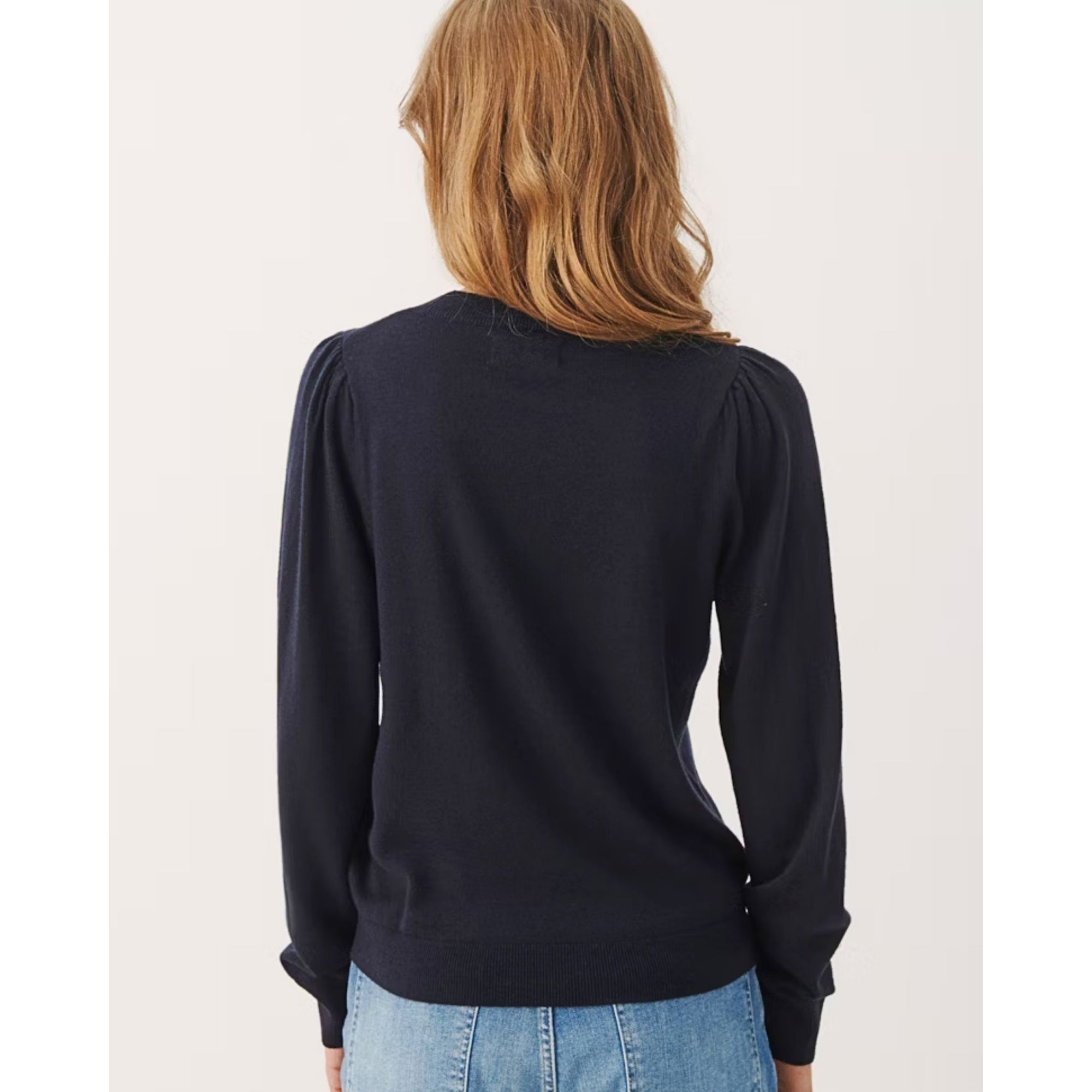 Part Two Evina Round Neck Cashmere Top With Rib Trim Dark Navy