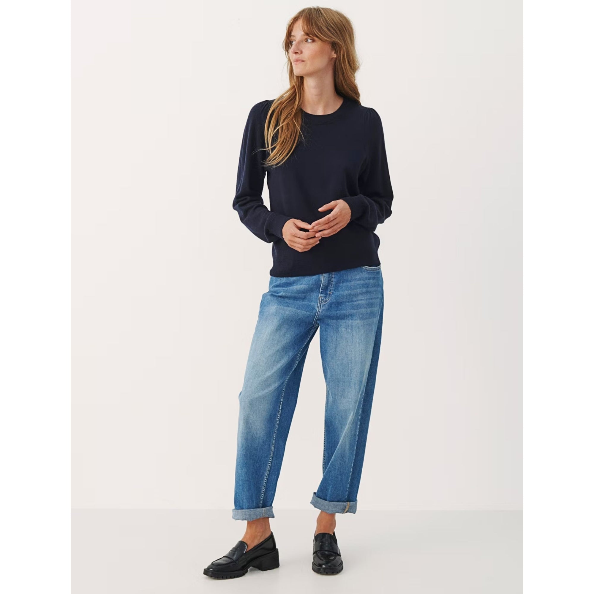 Part Two Evina Round Neck Cashmere Top With Rib Trim Dark Navy