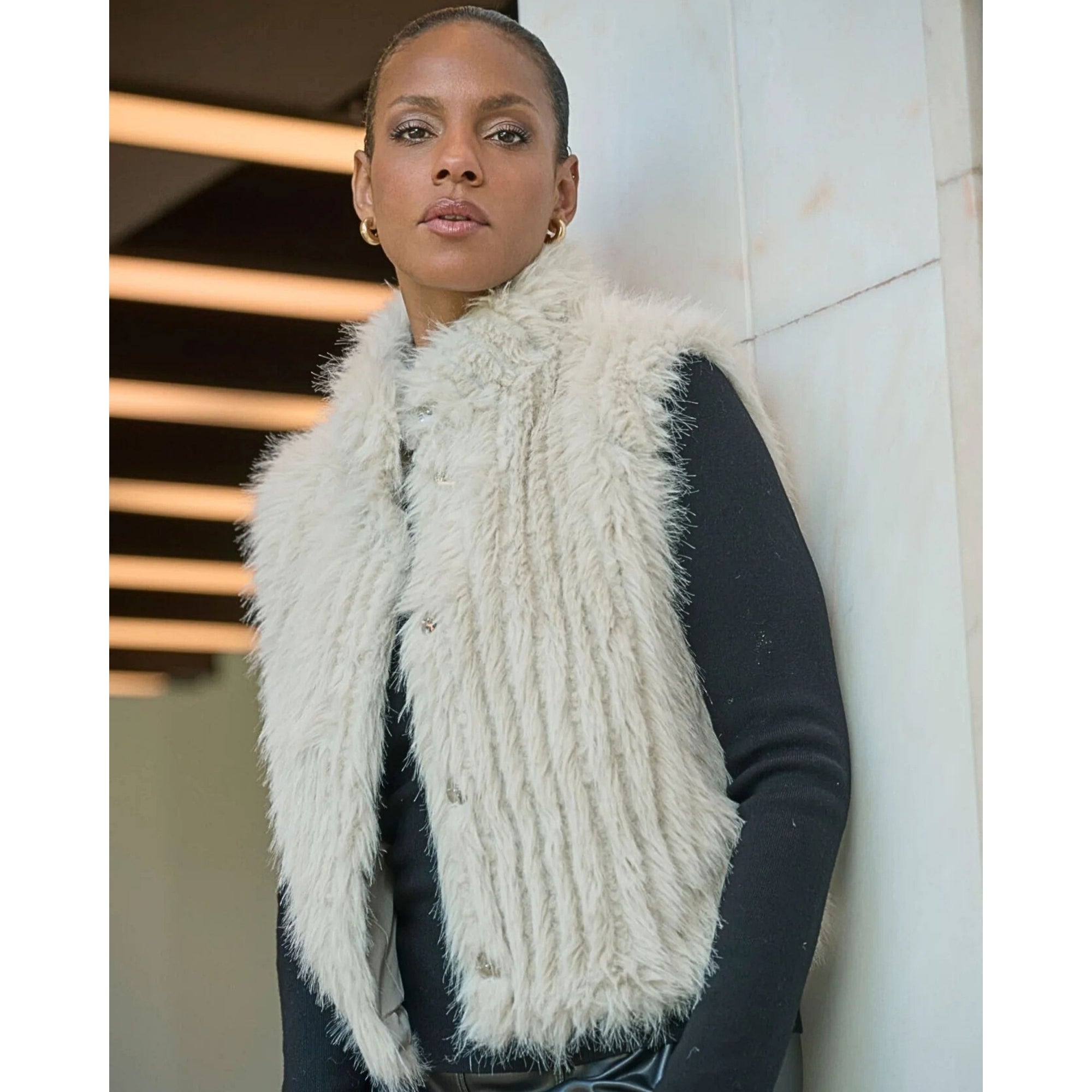 Rino & Pelle Dava Shaggy Faux Fur Ribbed Gilet Birch