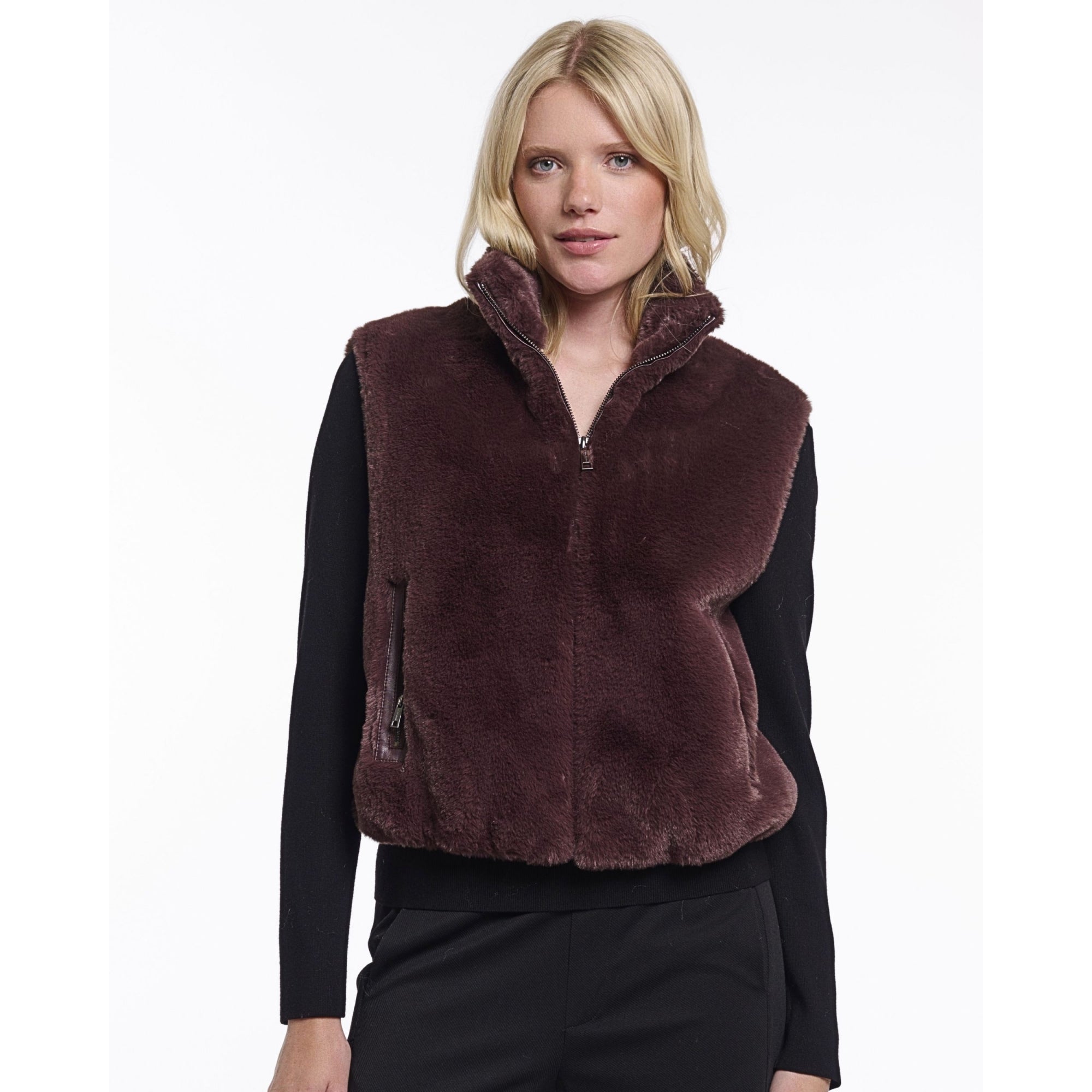 Rino & Pelle Nikki Faux Fur Short Gilet With High Collar Chocolate Bean