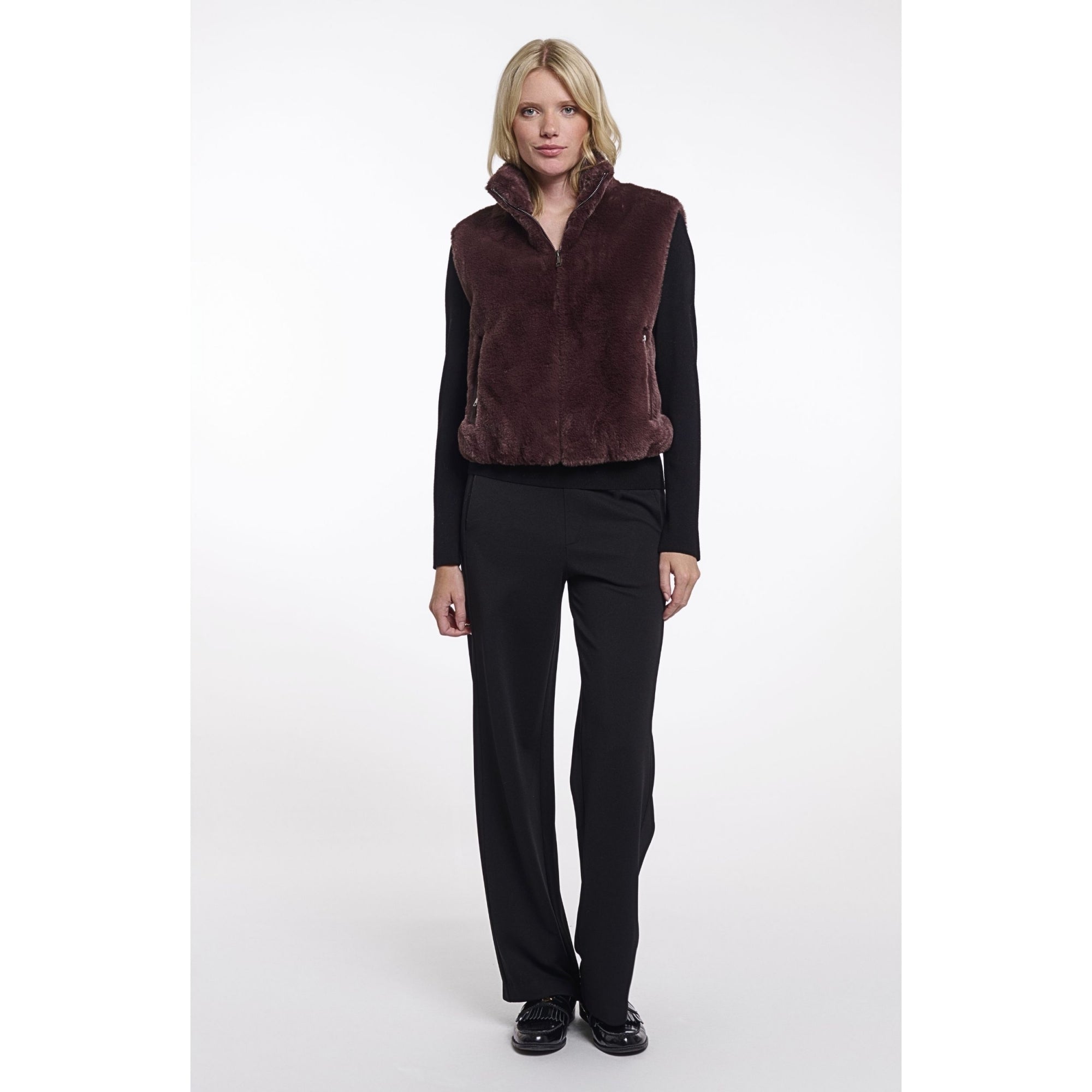 Rino & Pelle Nikki Faux Fur Short Gilet With High Collar Chocolate Bean