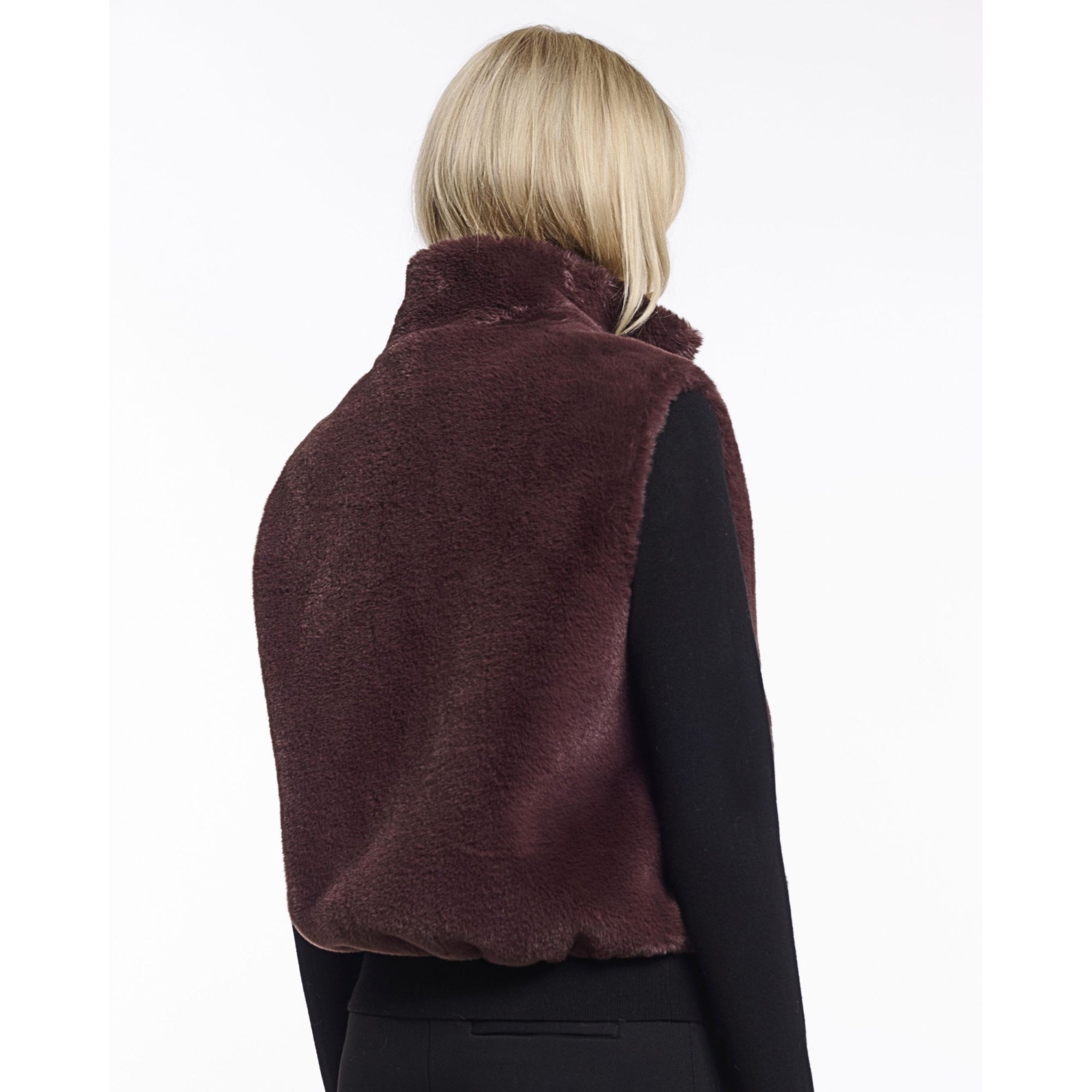 Rino & Pelle Nikki Faux Fur Short Gilet With High Collar Chocolate Bean