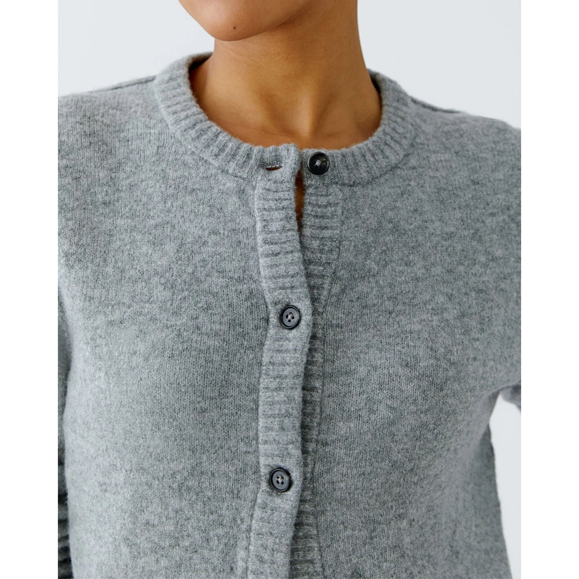 Oui Soft Knit Crew Neck Button Down Cardigan Grey Melange