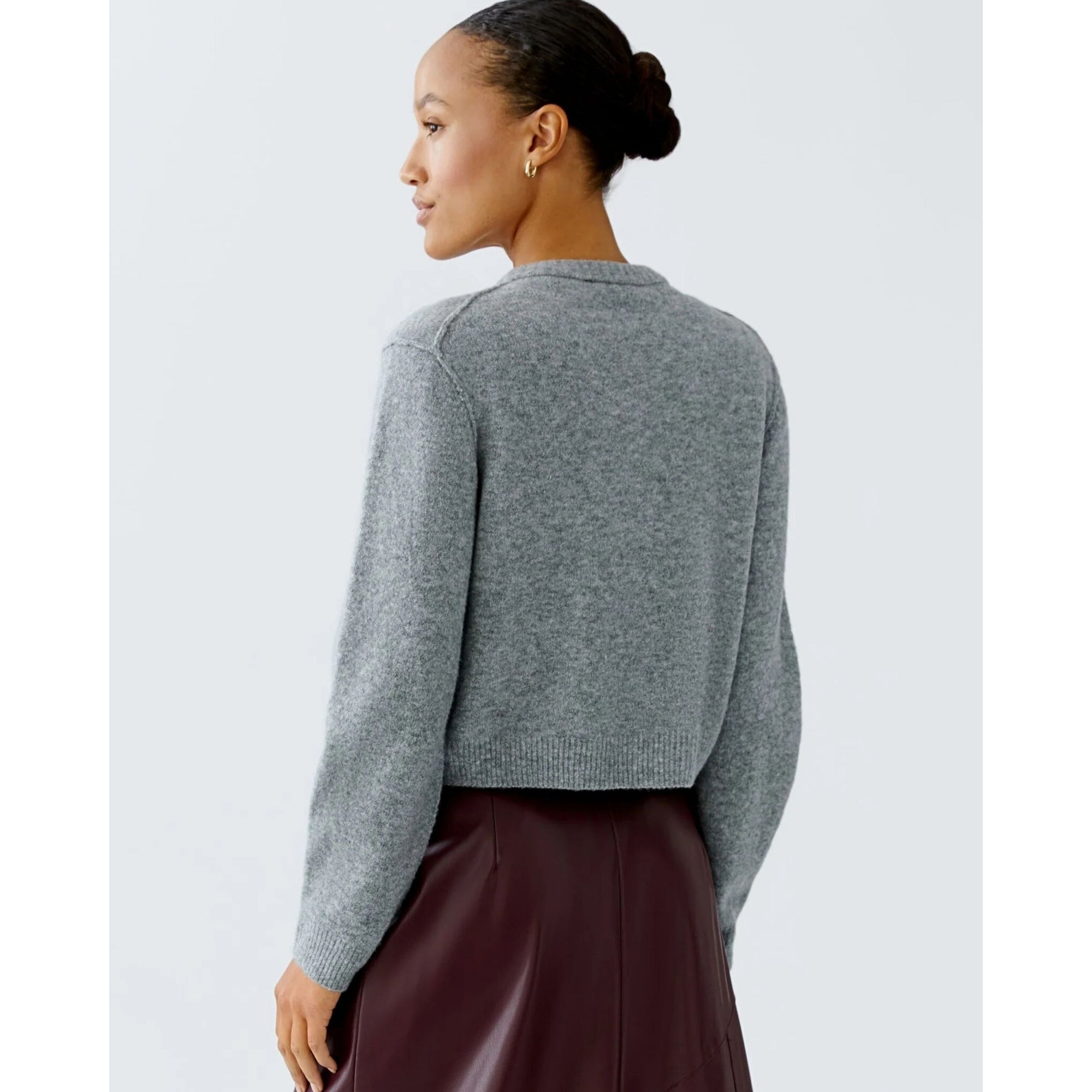 Oui Soft Knit Crew Neck Button Down Cardigan Grey Melange