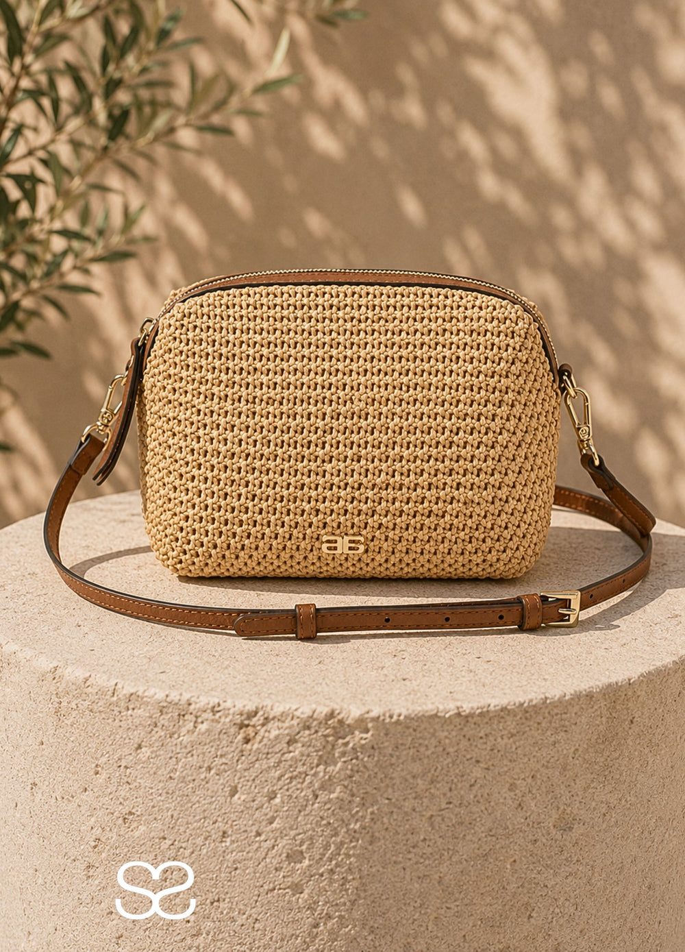 Abro Kaia Raffia Crossbody Bag with Leather Trim & Strap Natural/Tan