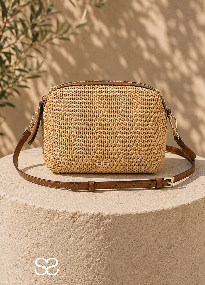 Abro Kaia Raffia Crossbody Bag with Leather Trim & Strap Natural/Tan