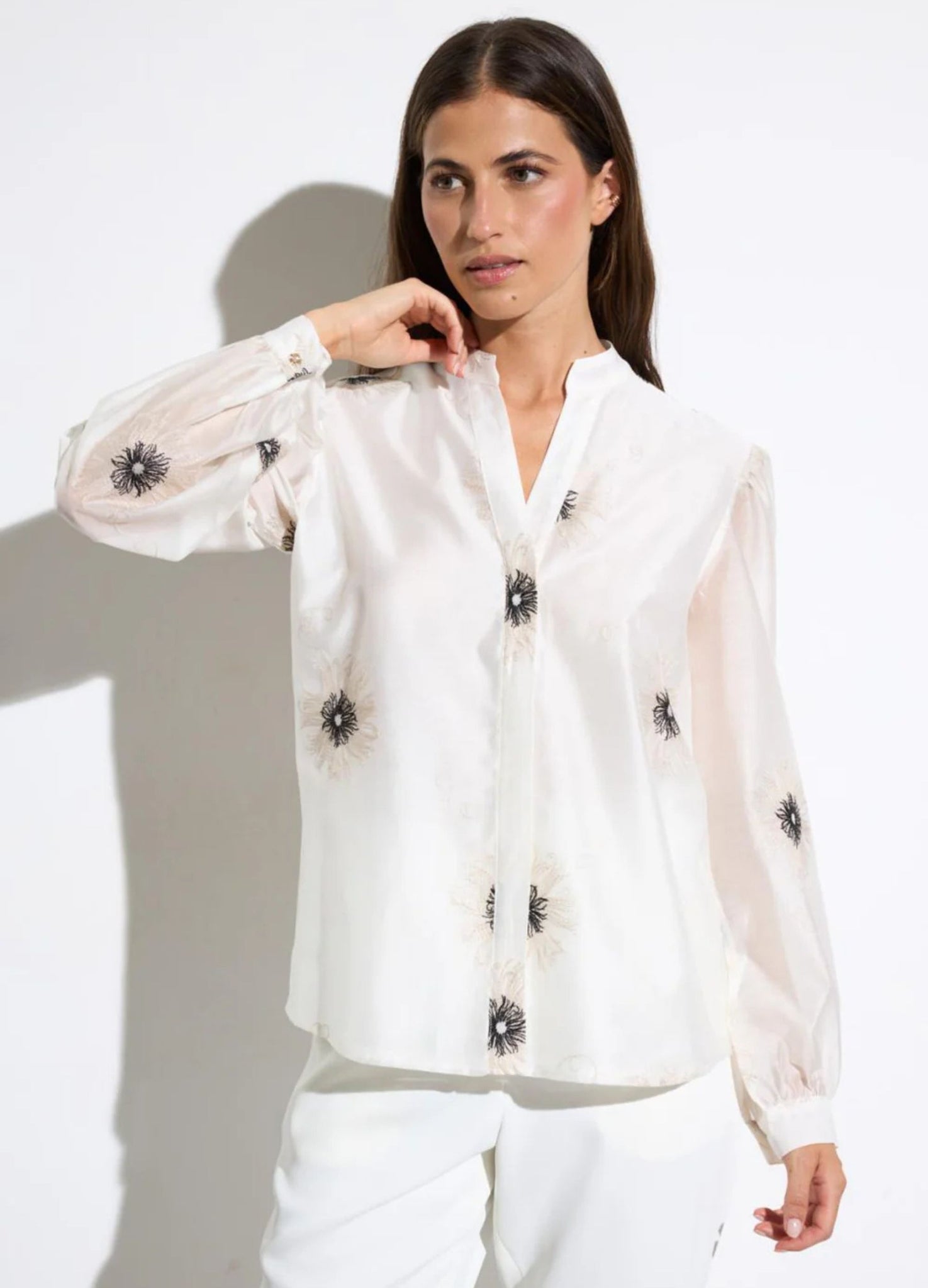 Bariloche Azogue Embroidered Flower Collarless Organza Blouse Off 
