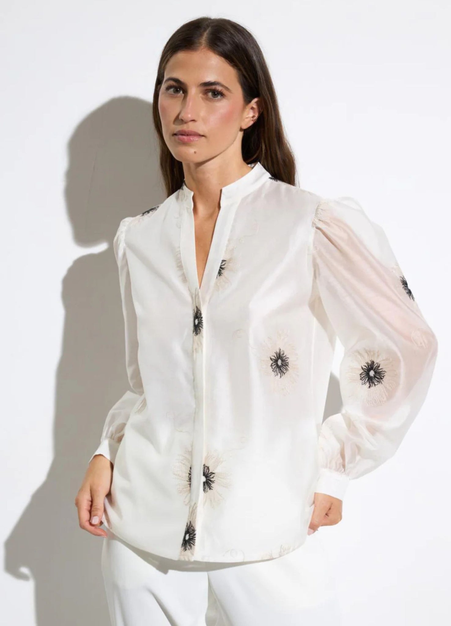 Bariloche Azogue Embroidered Flower Collarless Organza Blouse Off