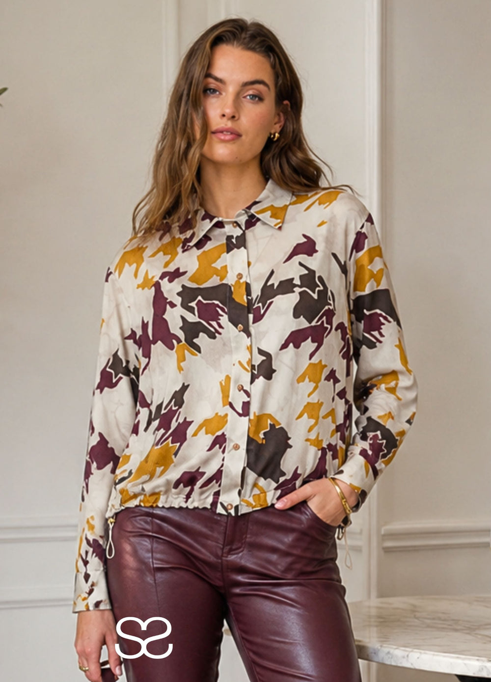 Bariloche Esebli Abstract Houndstooth Shirt Blouse with Elasticated Hem Brown/Mustard