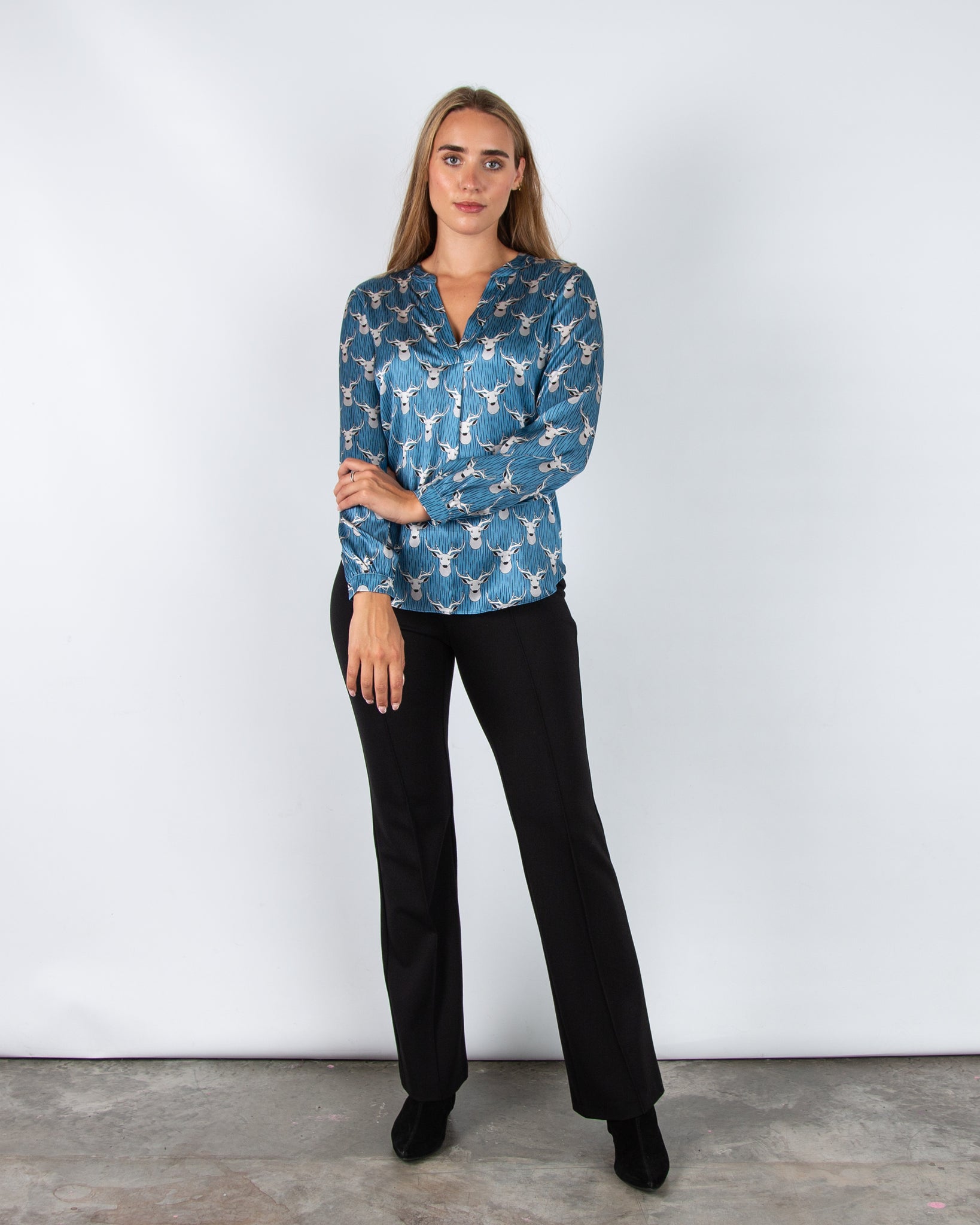 Charlotte Sparre Spark Deer Print Collarless Silk Blouse Blue