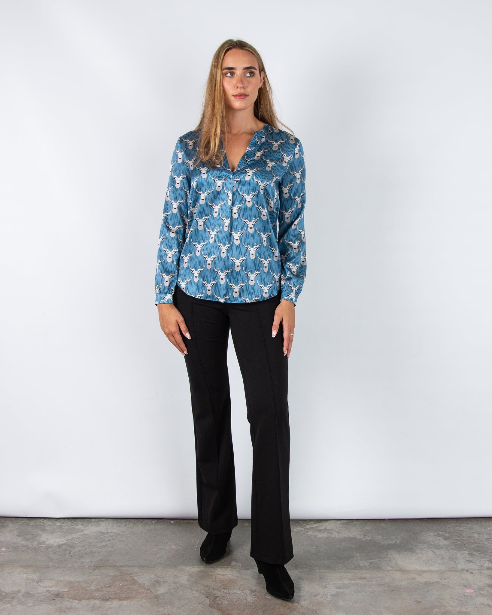 Charlotte Sparre Spark Deer Print Collarless Silk Blouse Blue