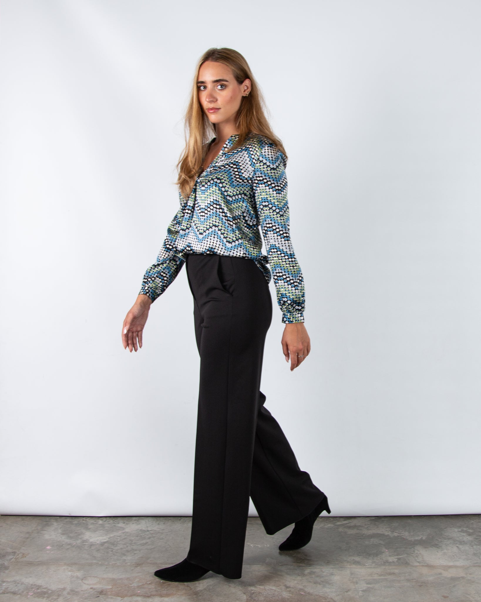 Charlotte Sparre Spark Zigzag Square Print Silk Blouse Blue/Green