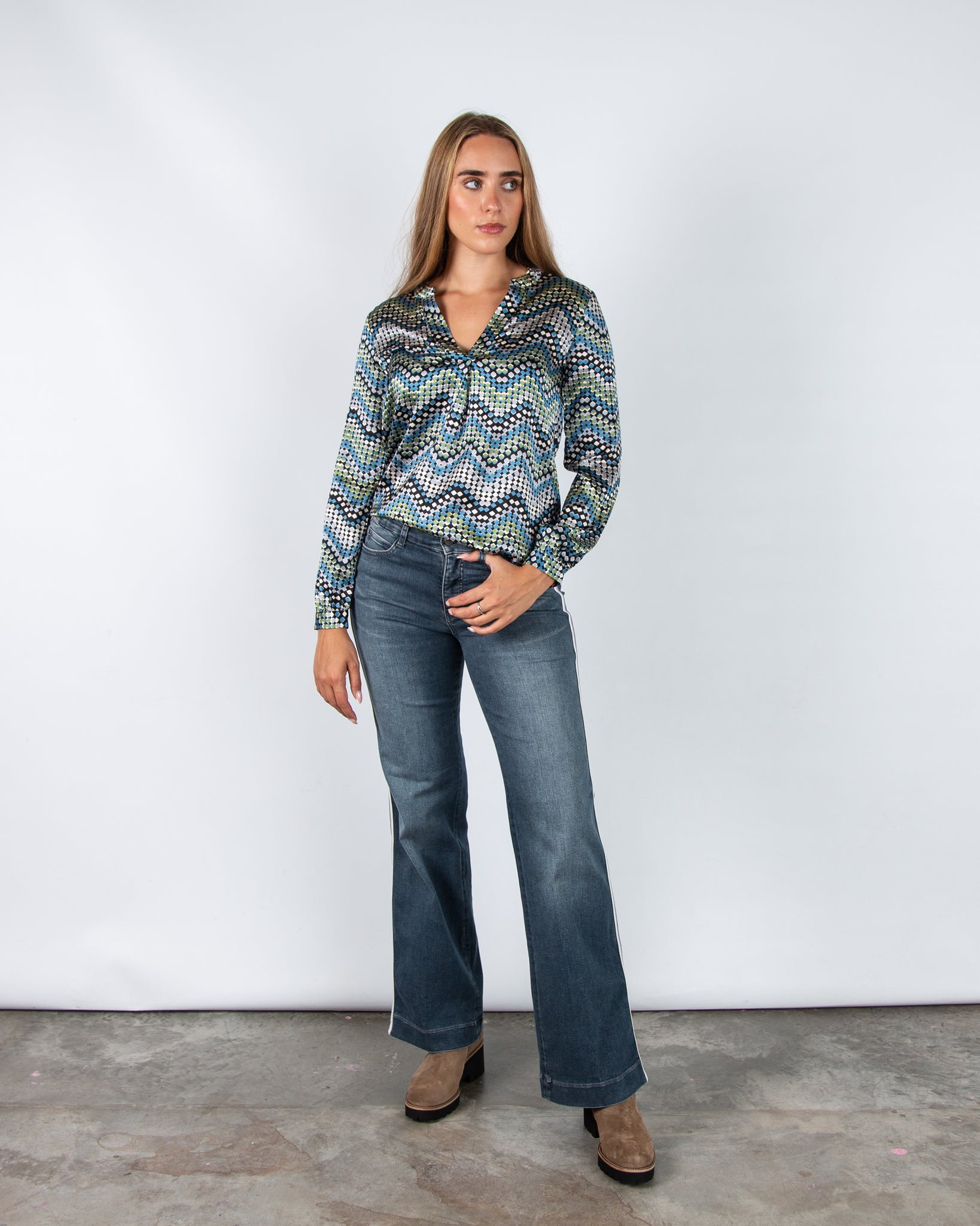 Charlotte Sparre Spark Zigzag Square Print Silk Blouse Blue/Green