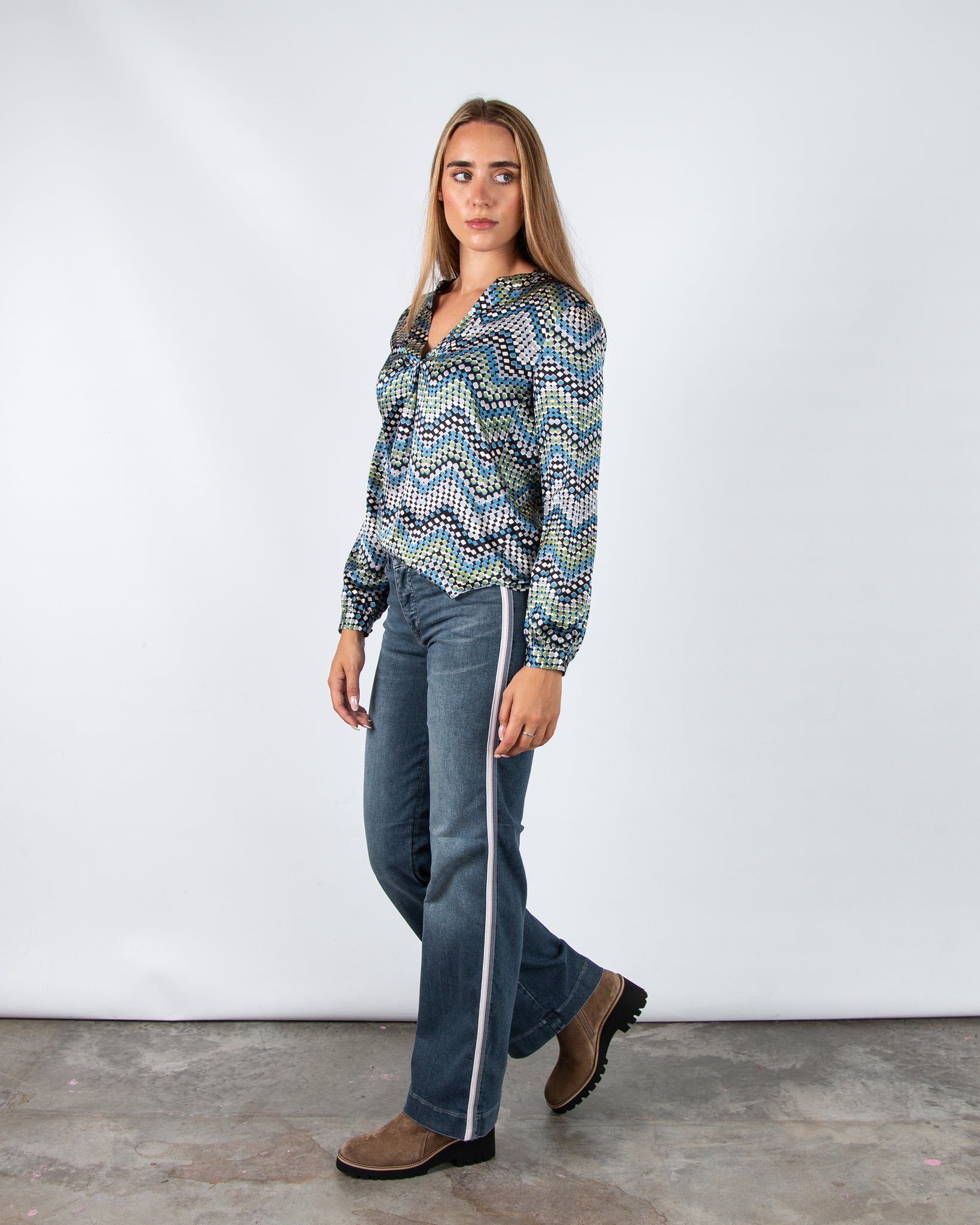 Charlotte Sparre Spark Zigzag Square Print Silk Blouse Blue/Green