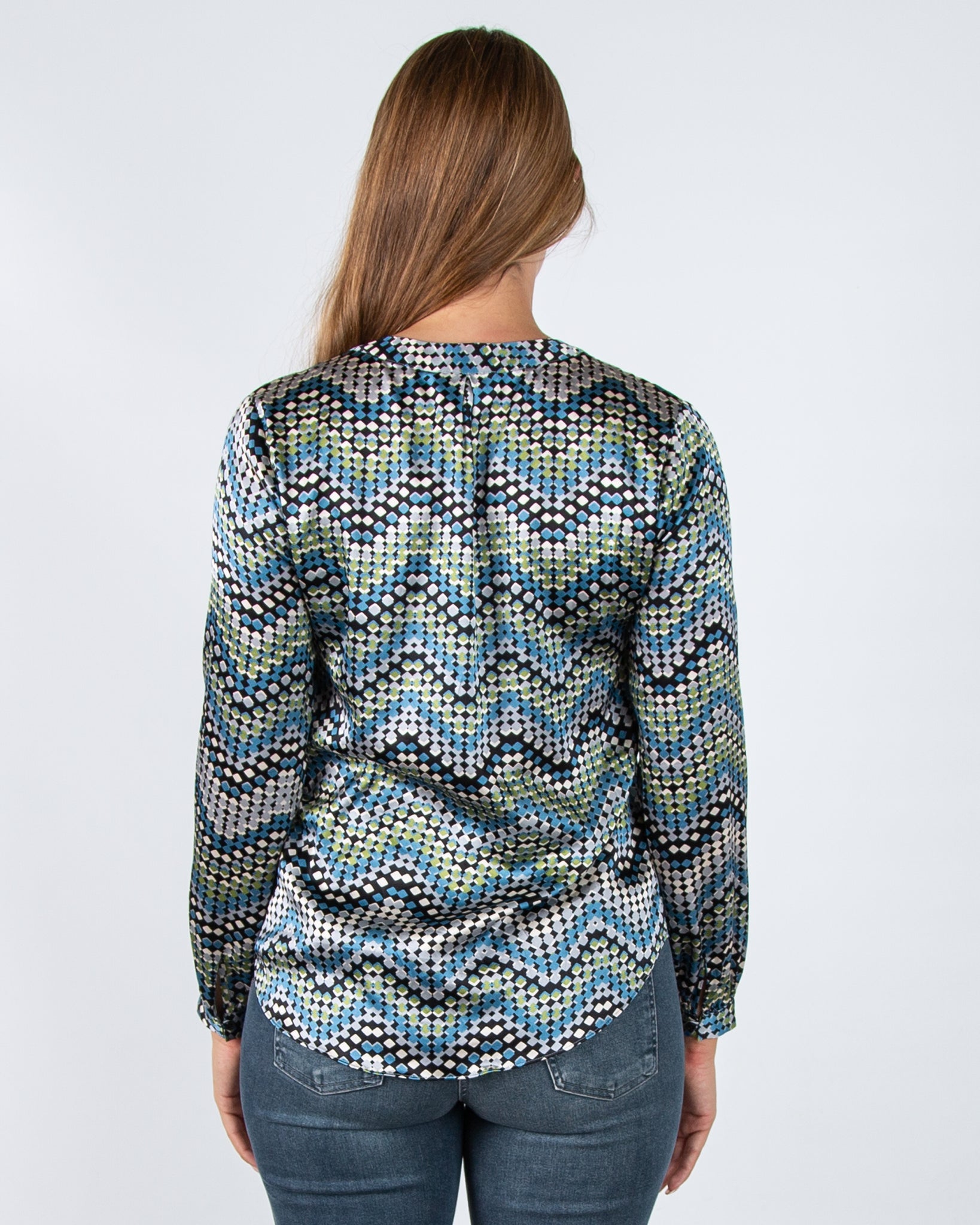 Charlotte Sparre Spark Zigzag Square Print Silk Blouse Blue/Green