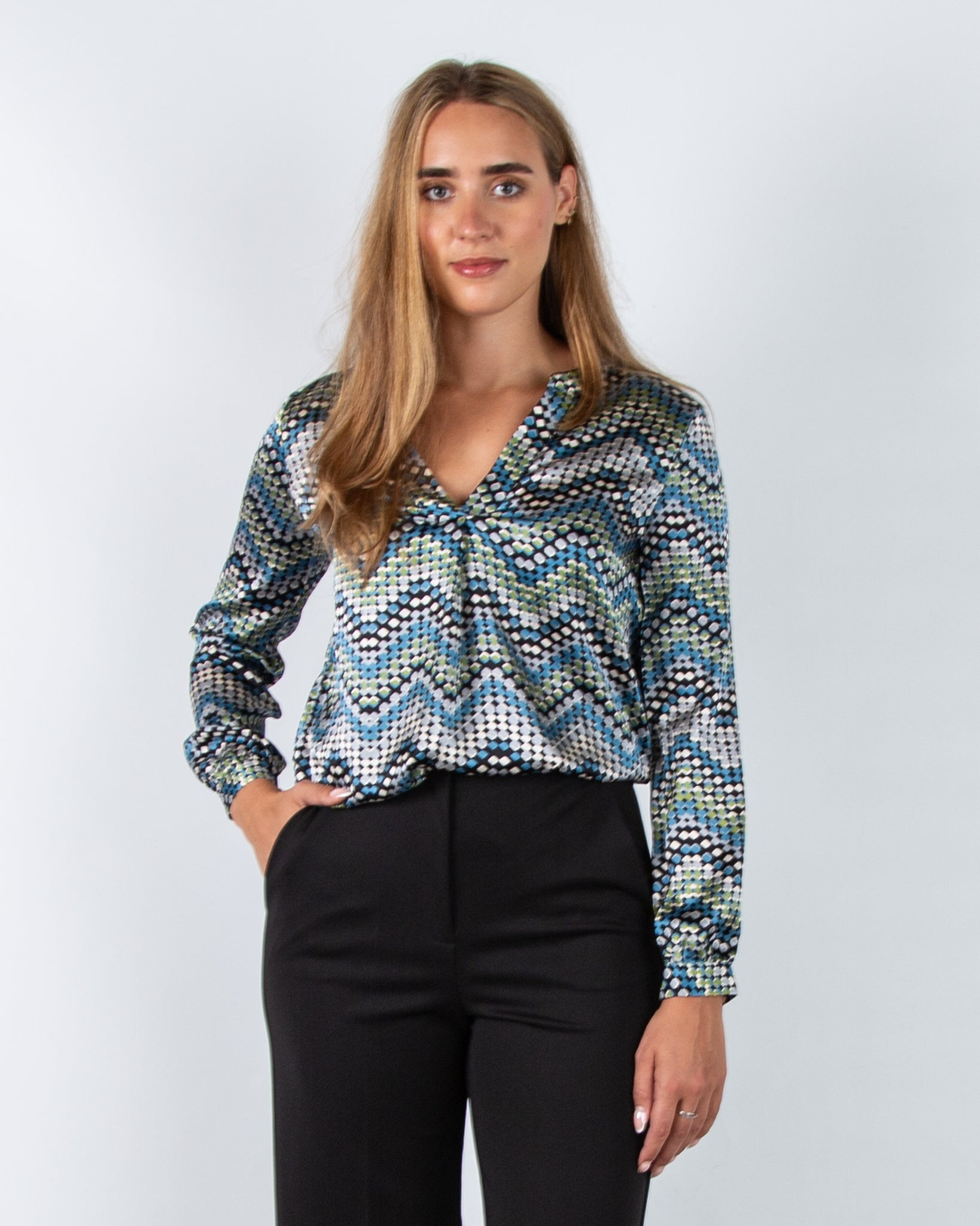 Charlotte Sparre Spark Zigzag Square Print Silk Blouse Blue/Green