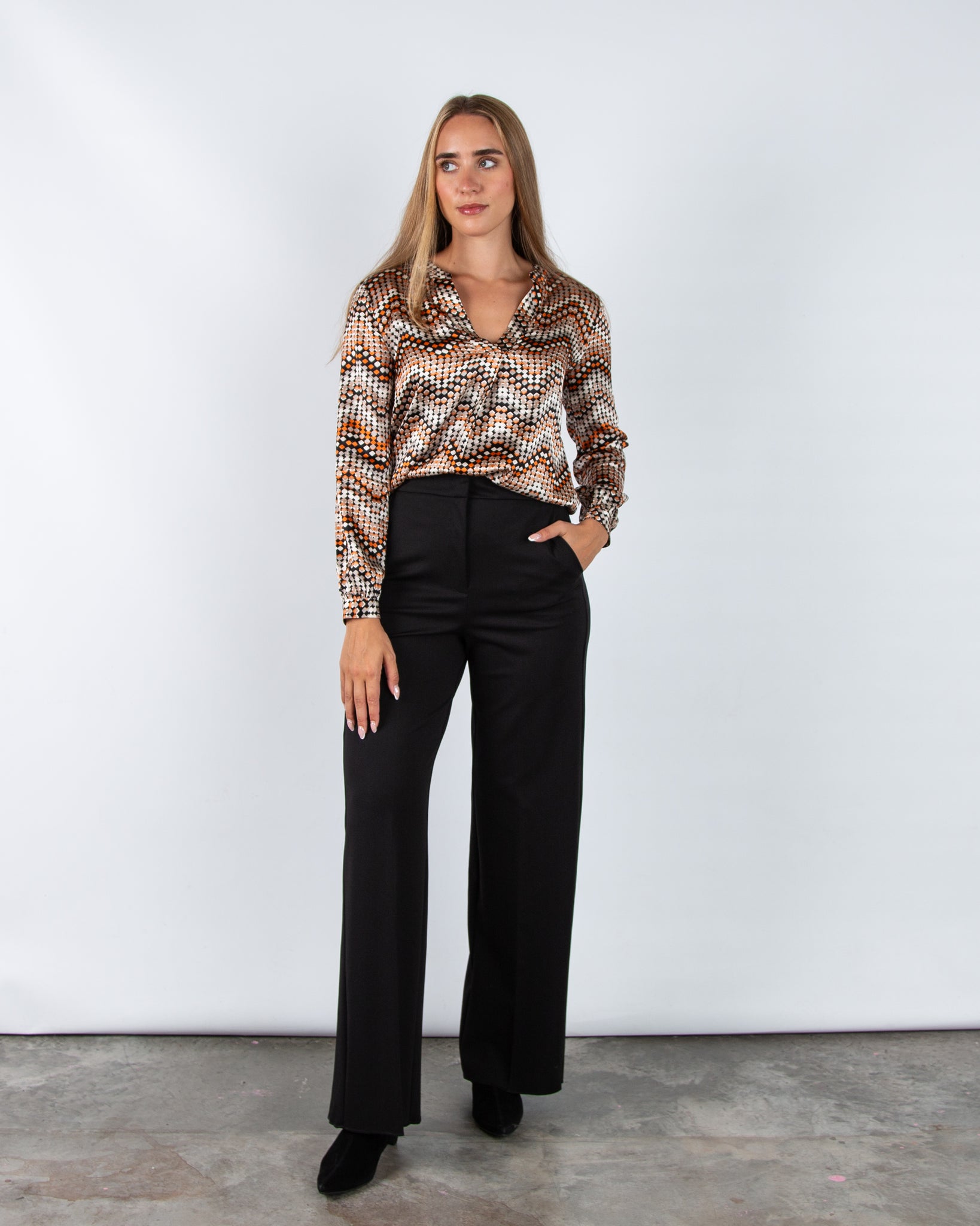 Charlotte Sparre Spark Zigzag Square Print Silk Blouse Taupe/Orange