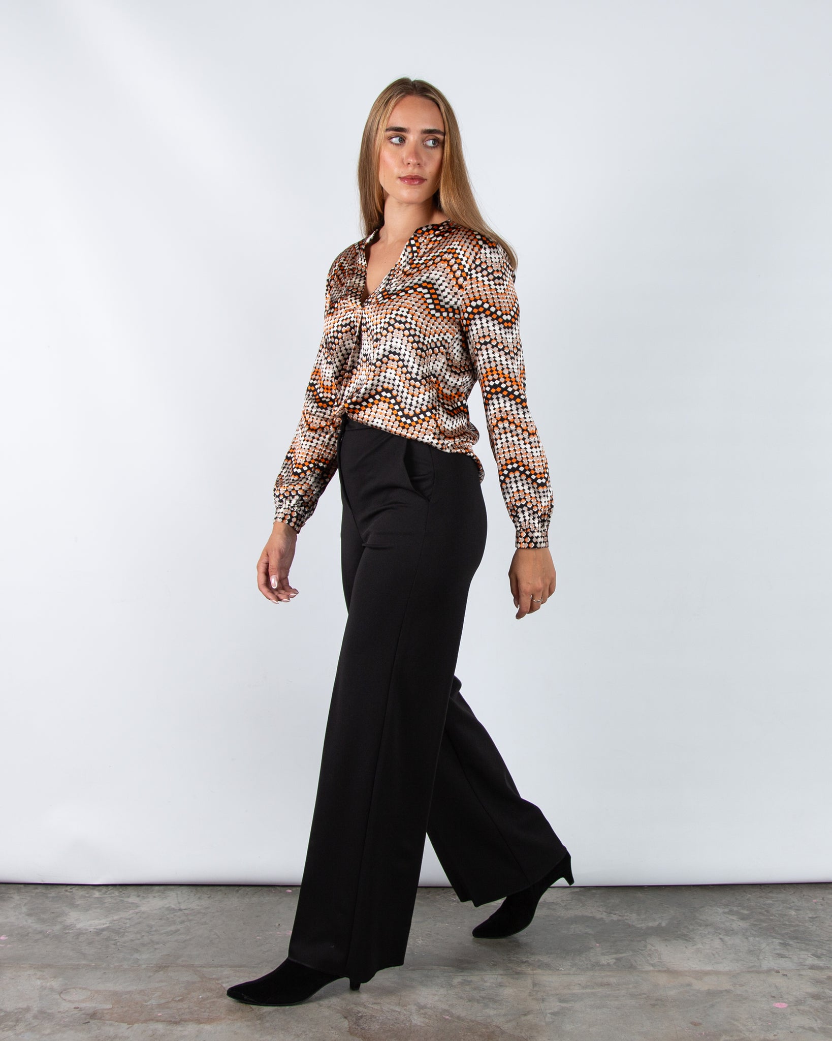 Charlotte Sparre Spark Zigzag Square Print Silk Blouse Taupe/Orange