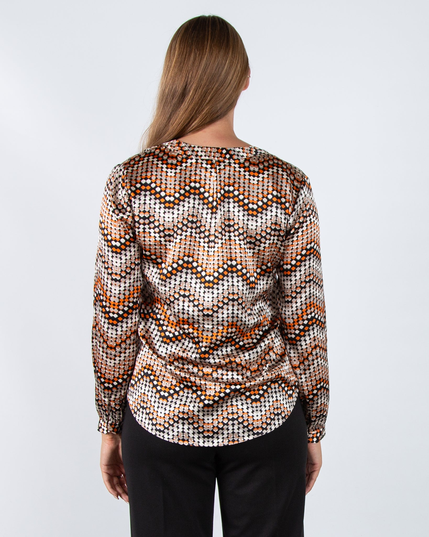 Charlotte Sparre Spark Zigzag Square Print Silk Blouse Taupe/Orange