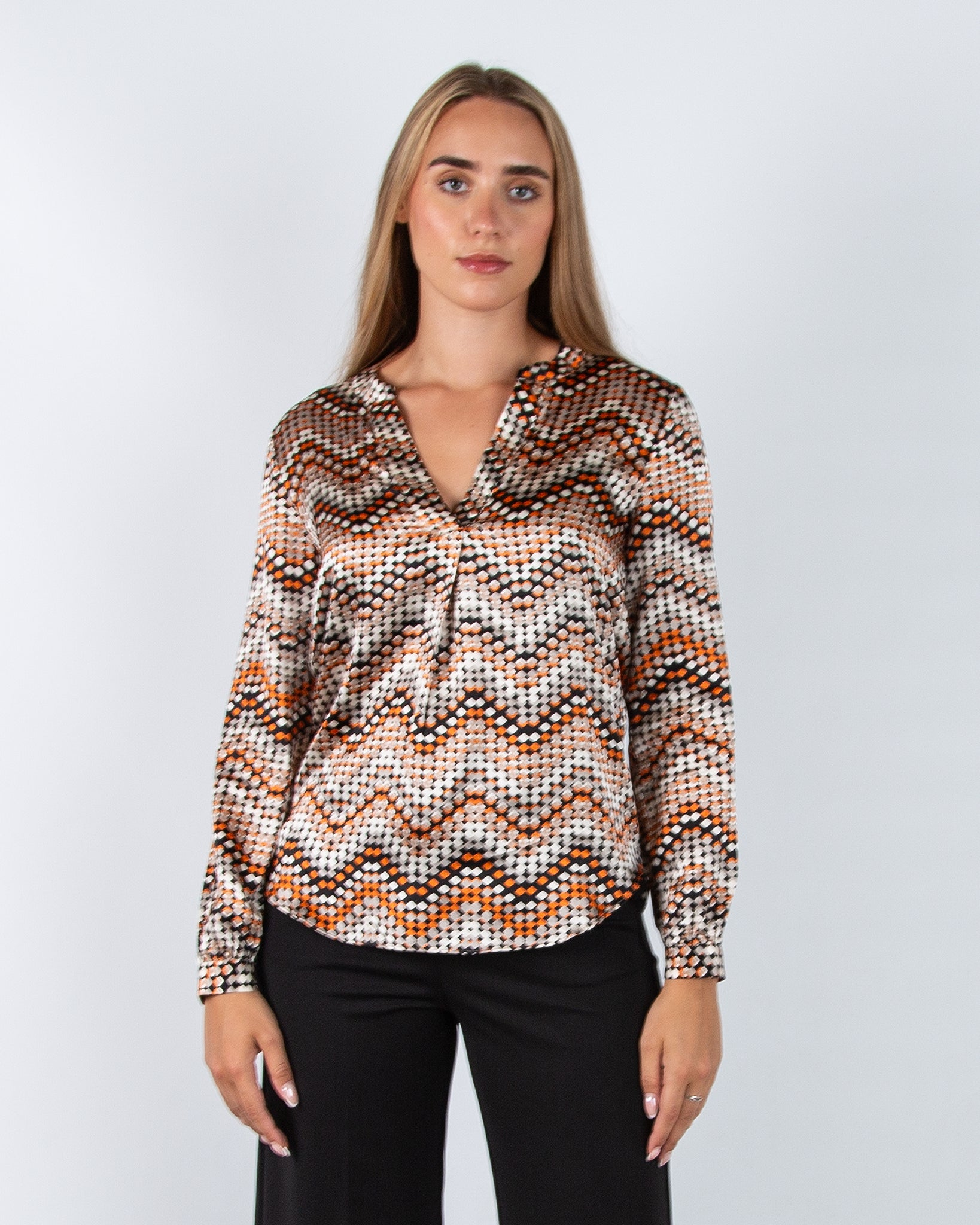 Charlotte Sparre Spark Zigzag Square Print Silk Blouse Taupe/Orange