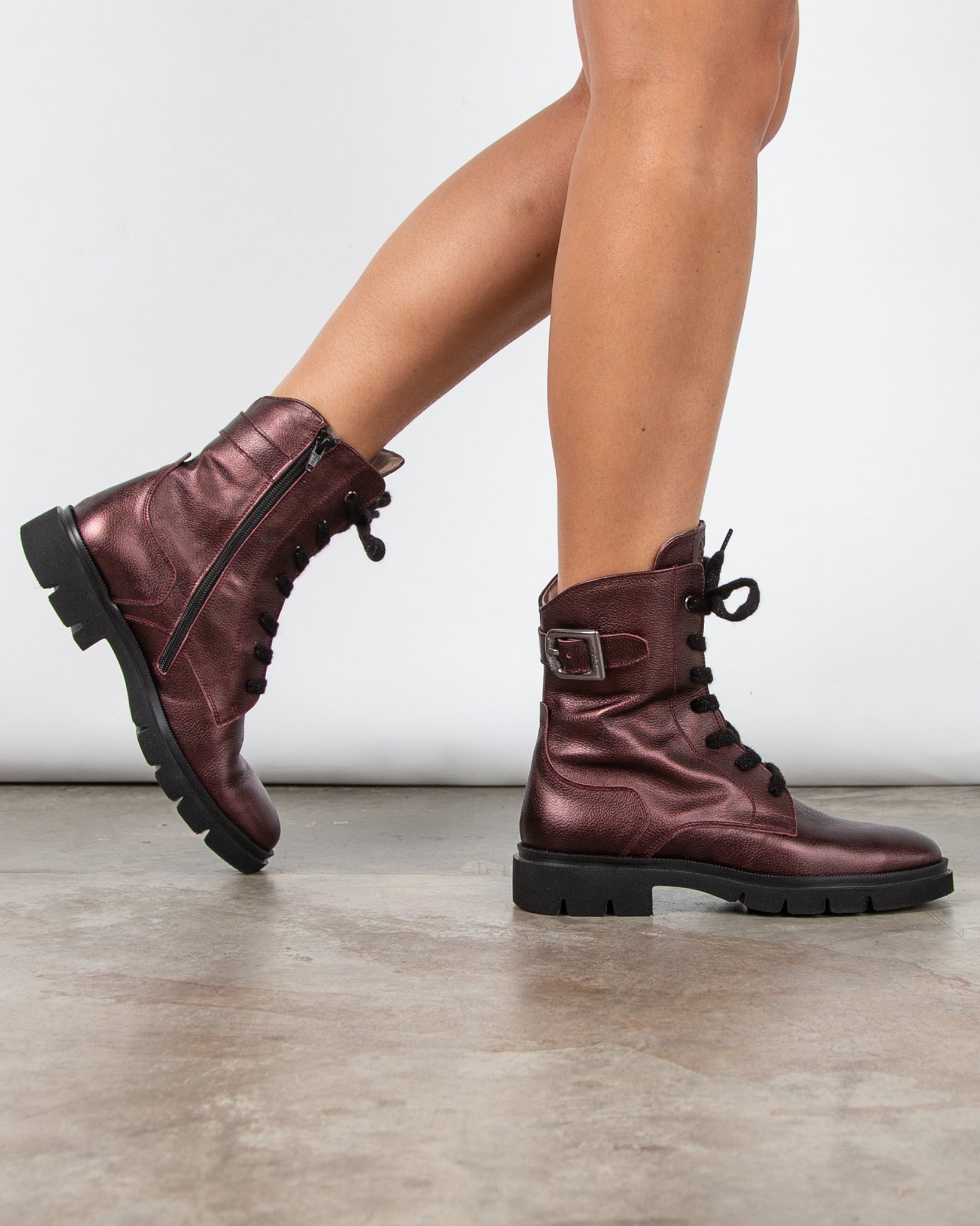 Dl Sport Metallic Lace Up Boots With Buckle Side Wine